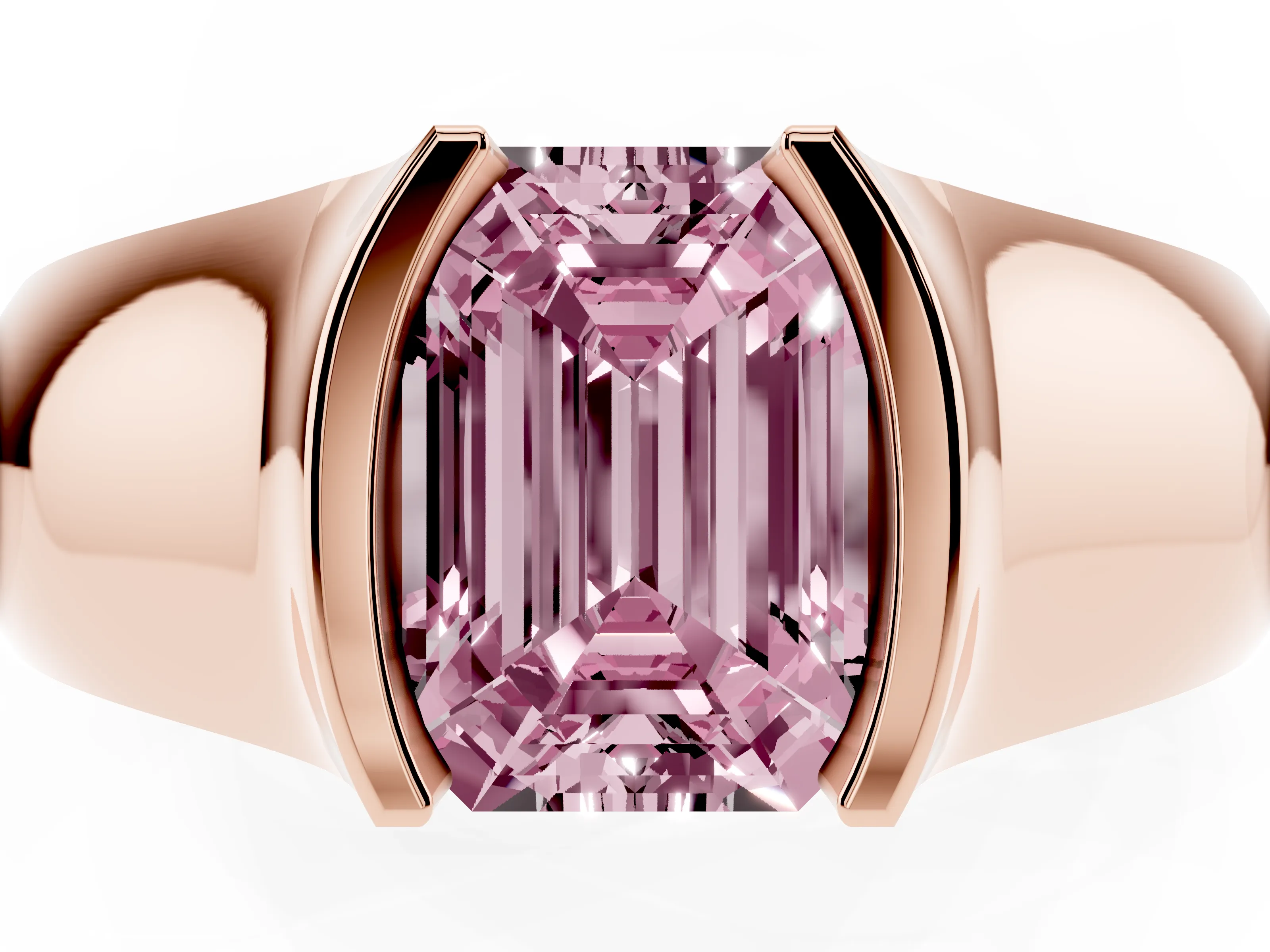 Fancy Pink Emerald Cut Diamond Bezel Solitaire Ring Set in Rose gold with Wide Band