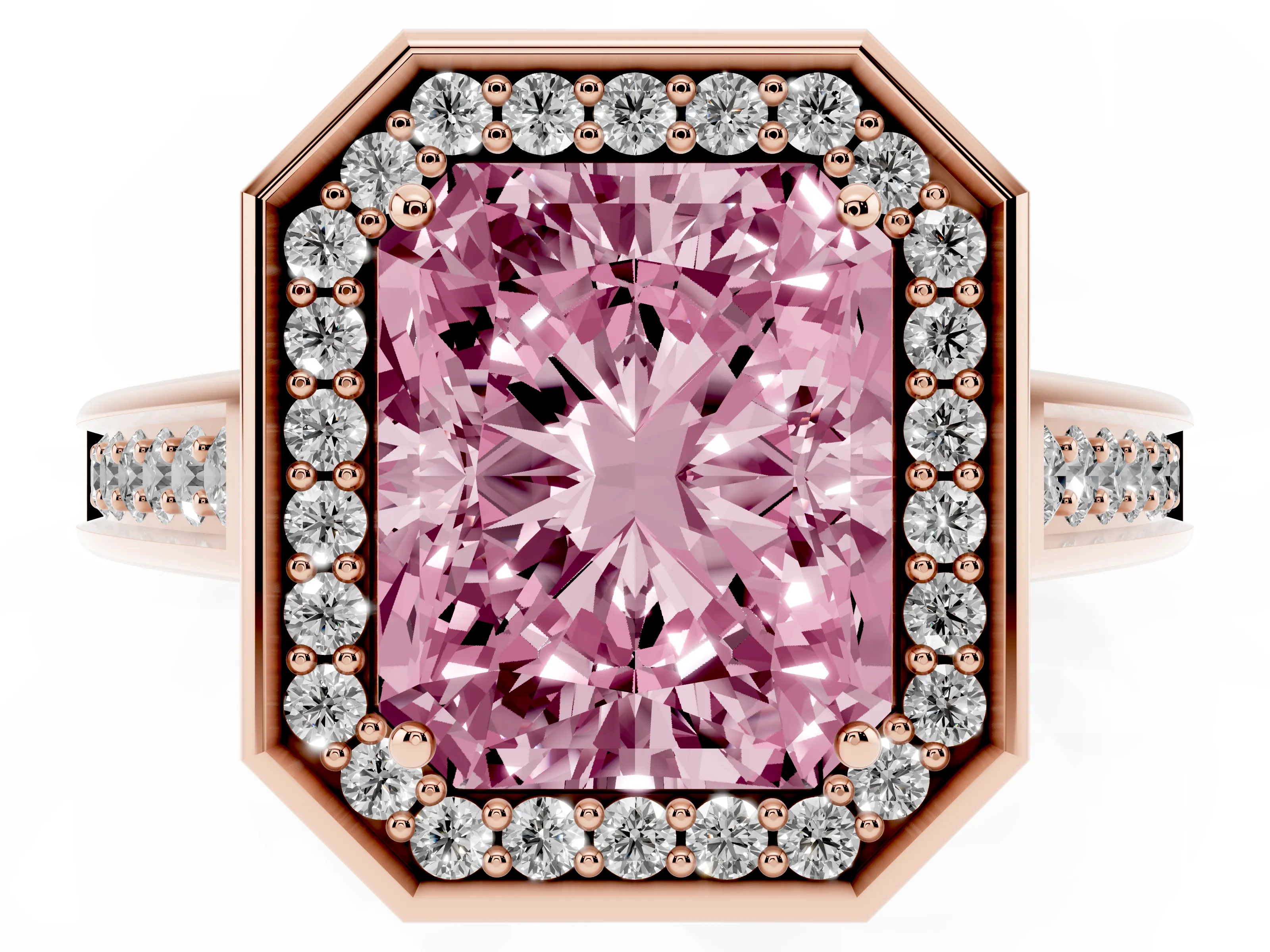 Fancy Pink Emerald Cut Diamond Halo Solitaire Ring Set in Rose gold with Pavé Band and Bezel Setting