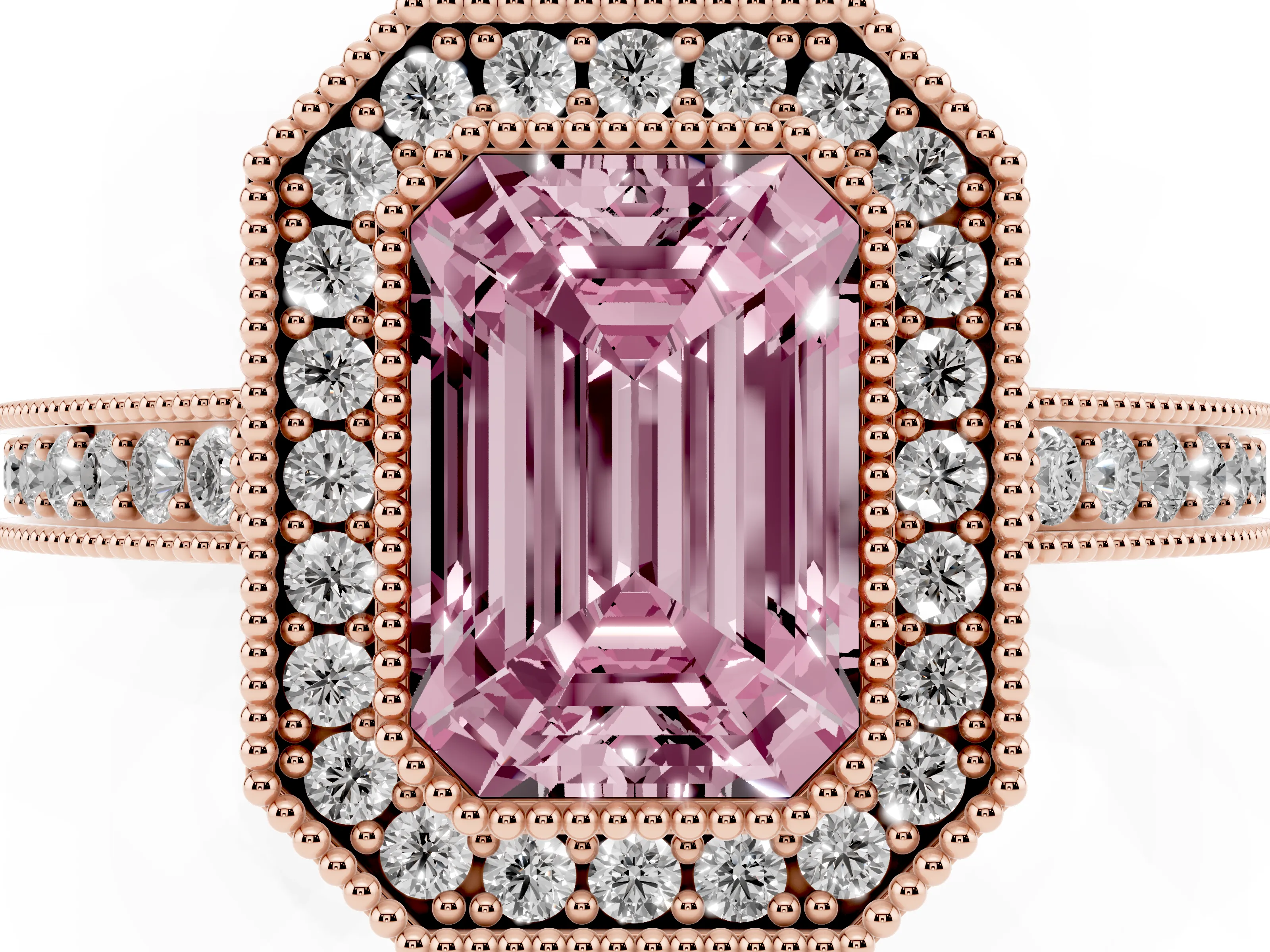 Fancy Pink Emerald Cut Diamond Round Halo Ring Set in Rose gold with Pavé Band