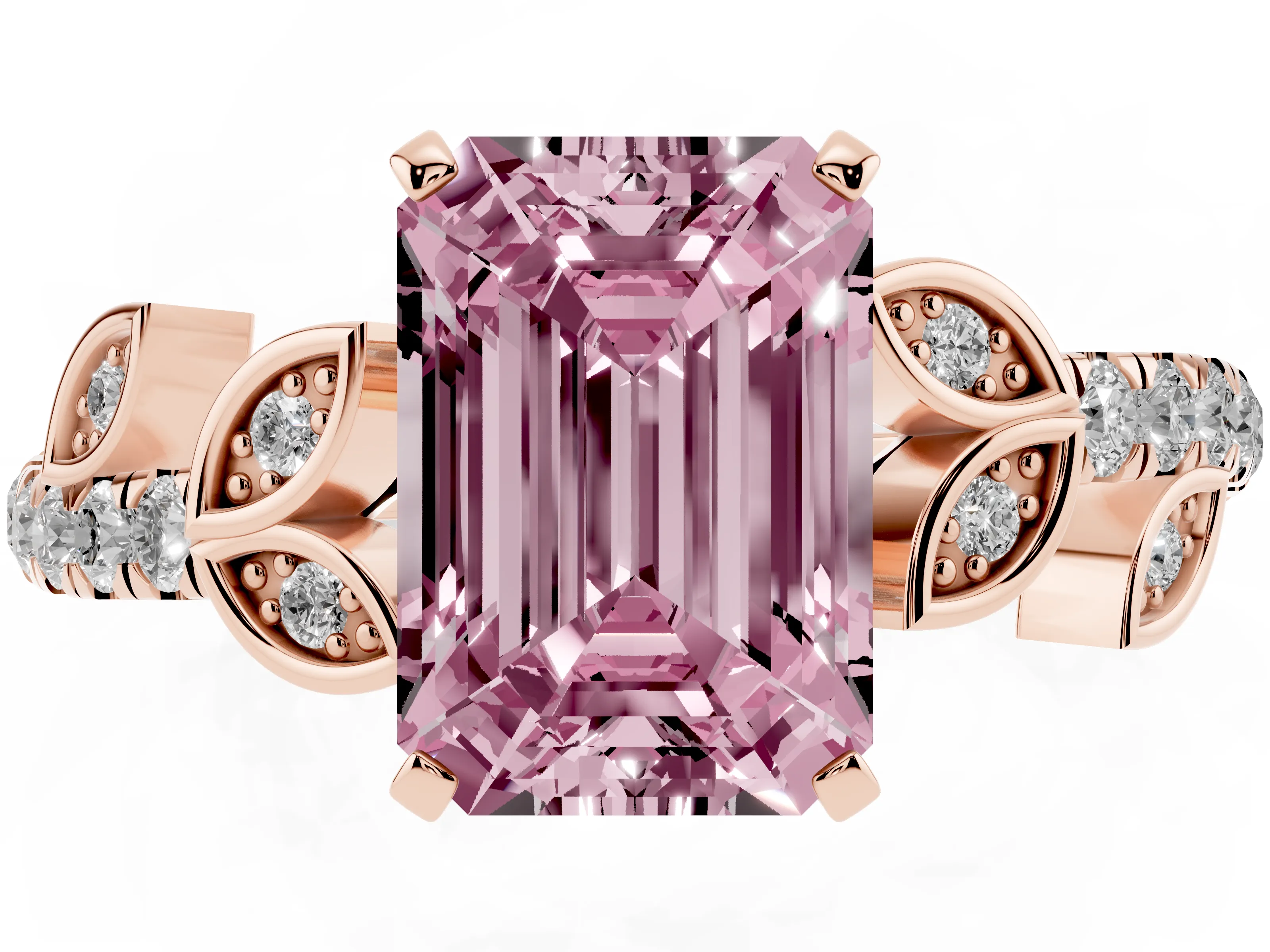 Fancy Pink Emerald Cut Diamond Solitaire Leaf-Inspired Ring Set in Rose gold with Pavé Band and Prong Setting