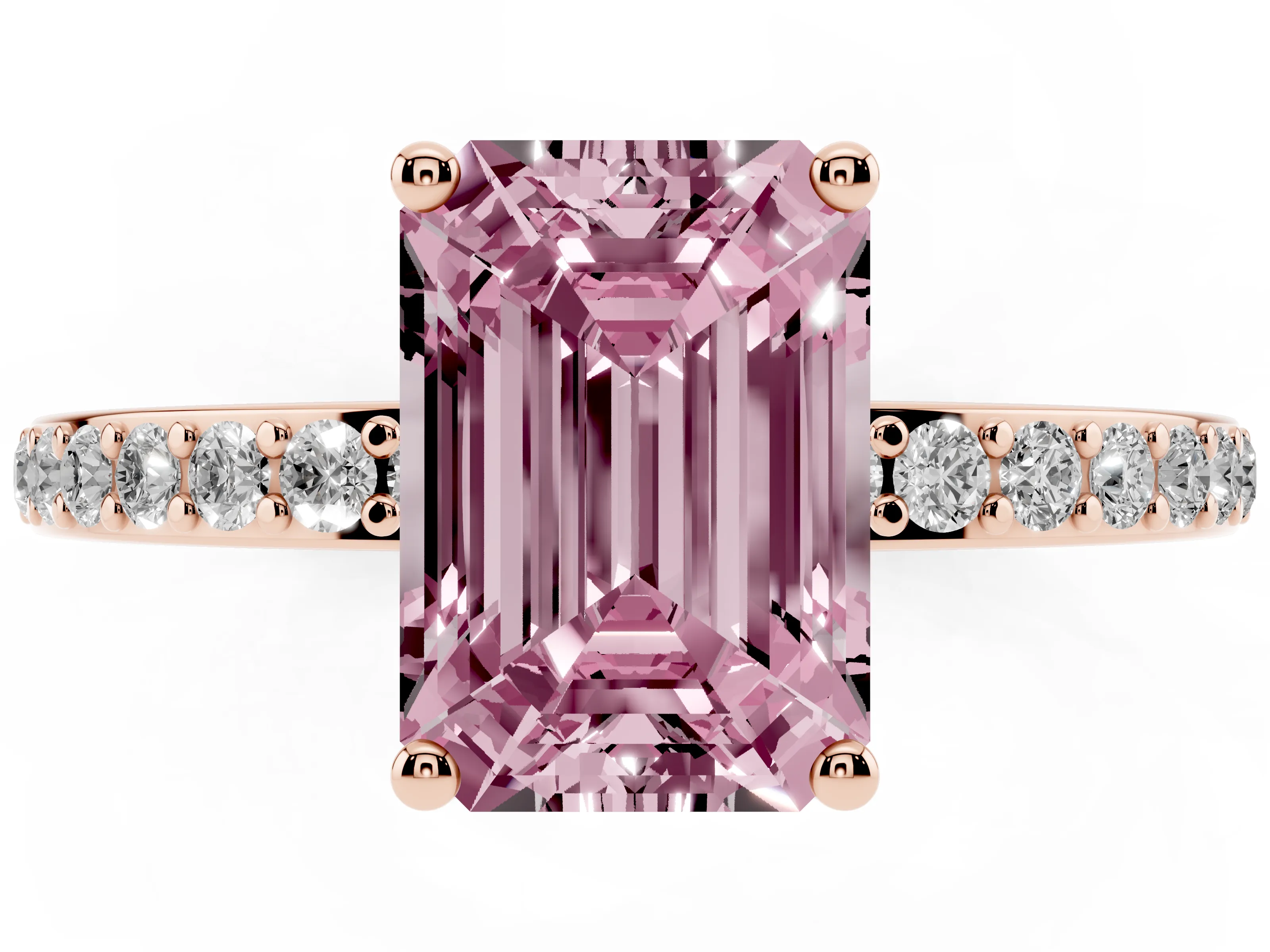Fancy Pink Emerald Cut Diamond Pavé Band Ring Set in Rose gold with Prong-Set Center Stone