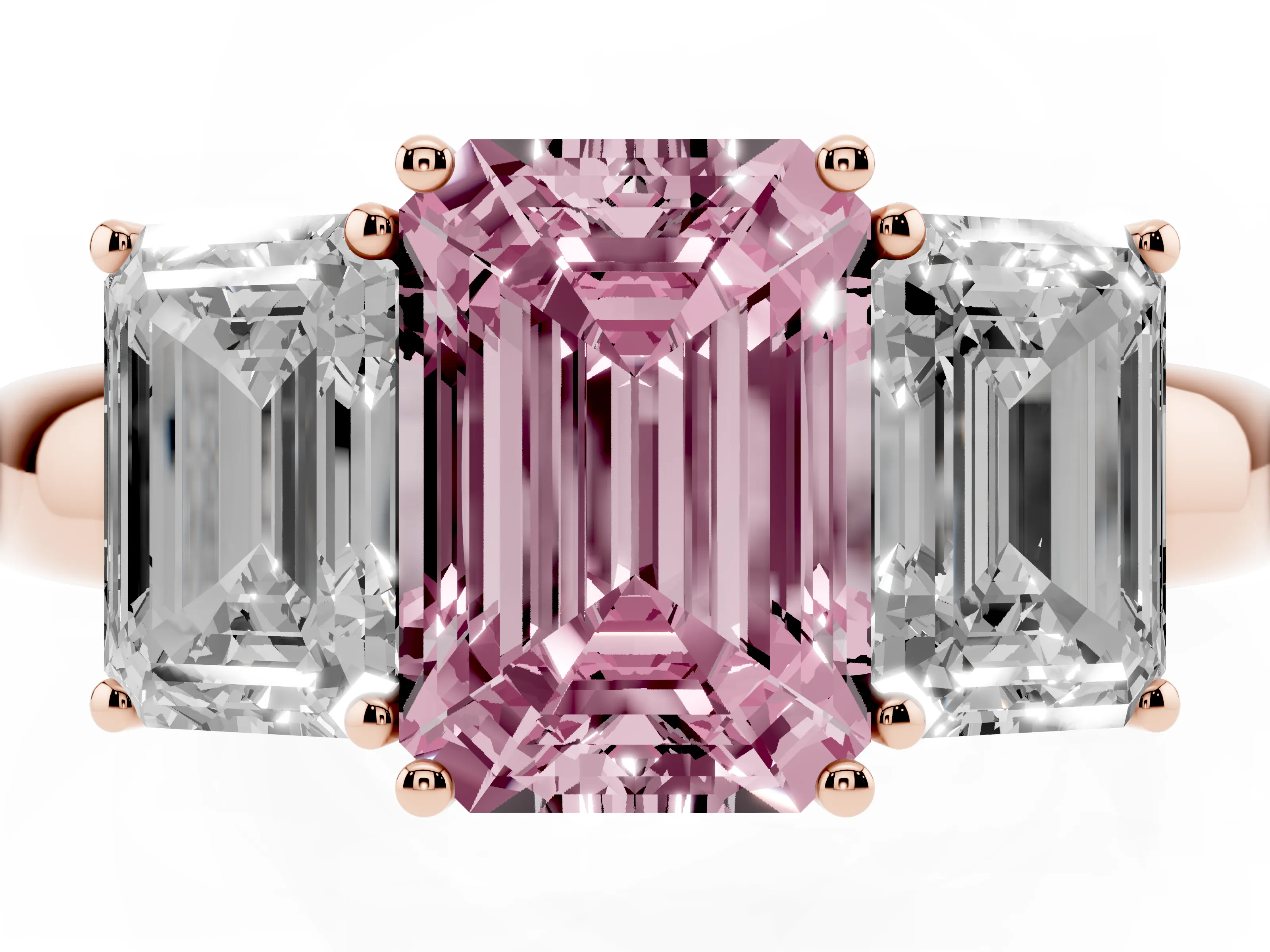 Fancy Pink Emerald Cut Diamond Three-Stone Ring Set in Rose gold with Bold Center and Classic Band