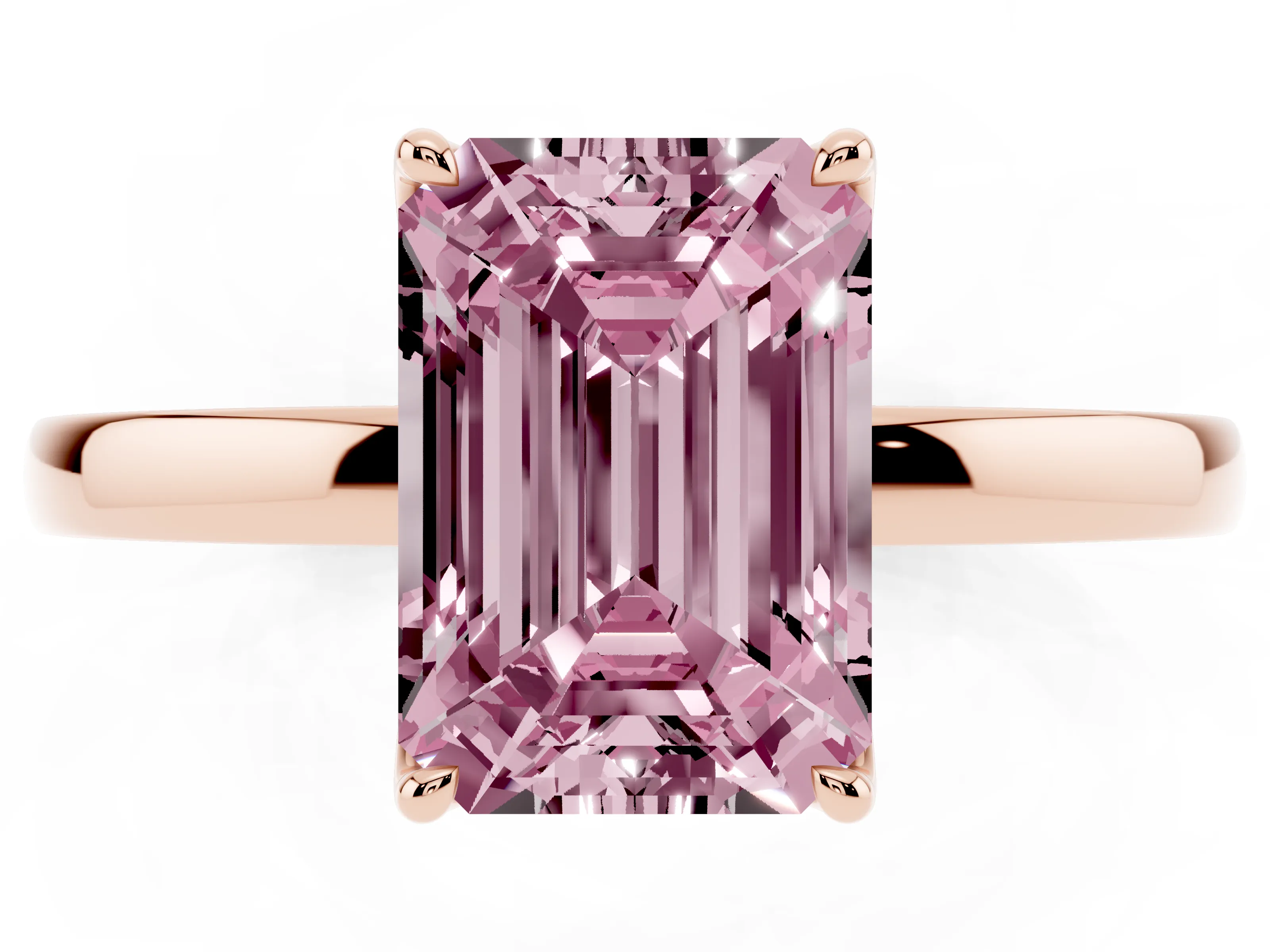 Fancy Pink Emerald Cut Diamond Solitaire Ring Set in Rose gold with Prong Setting and Thin Polished Band