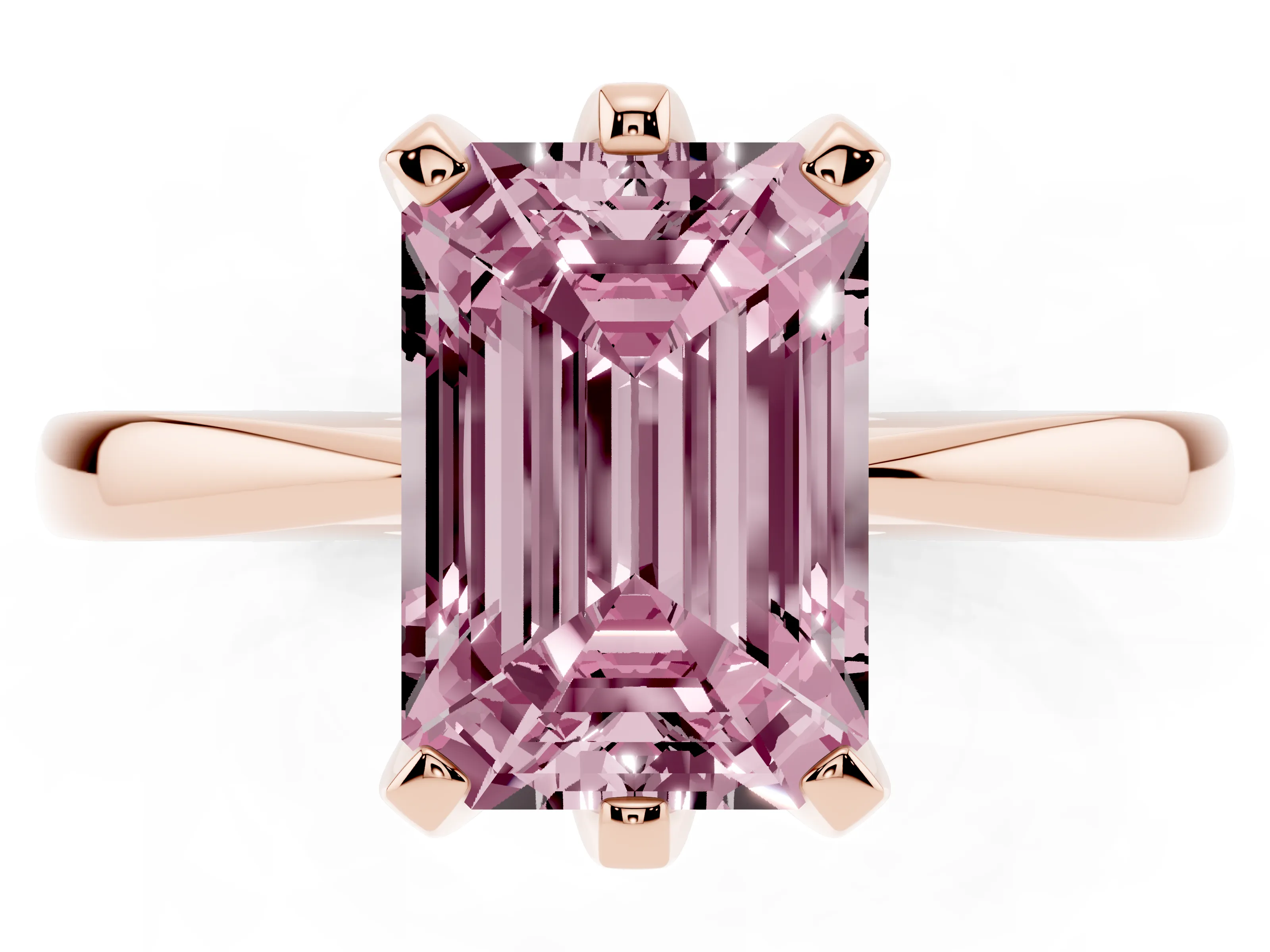 Fancy Pink Emerald Cut Diamond Solitaire Engagement Ring Set in Rose gold with Slim Tapered Solitaire Band