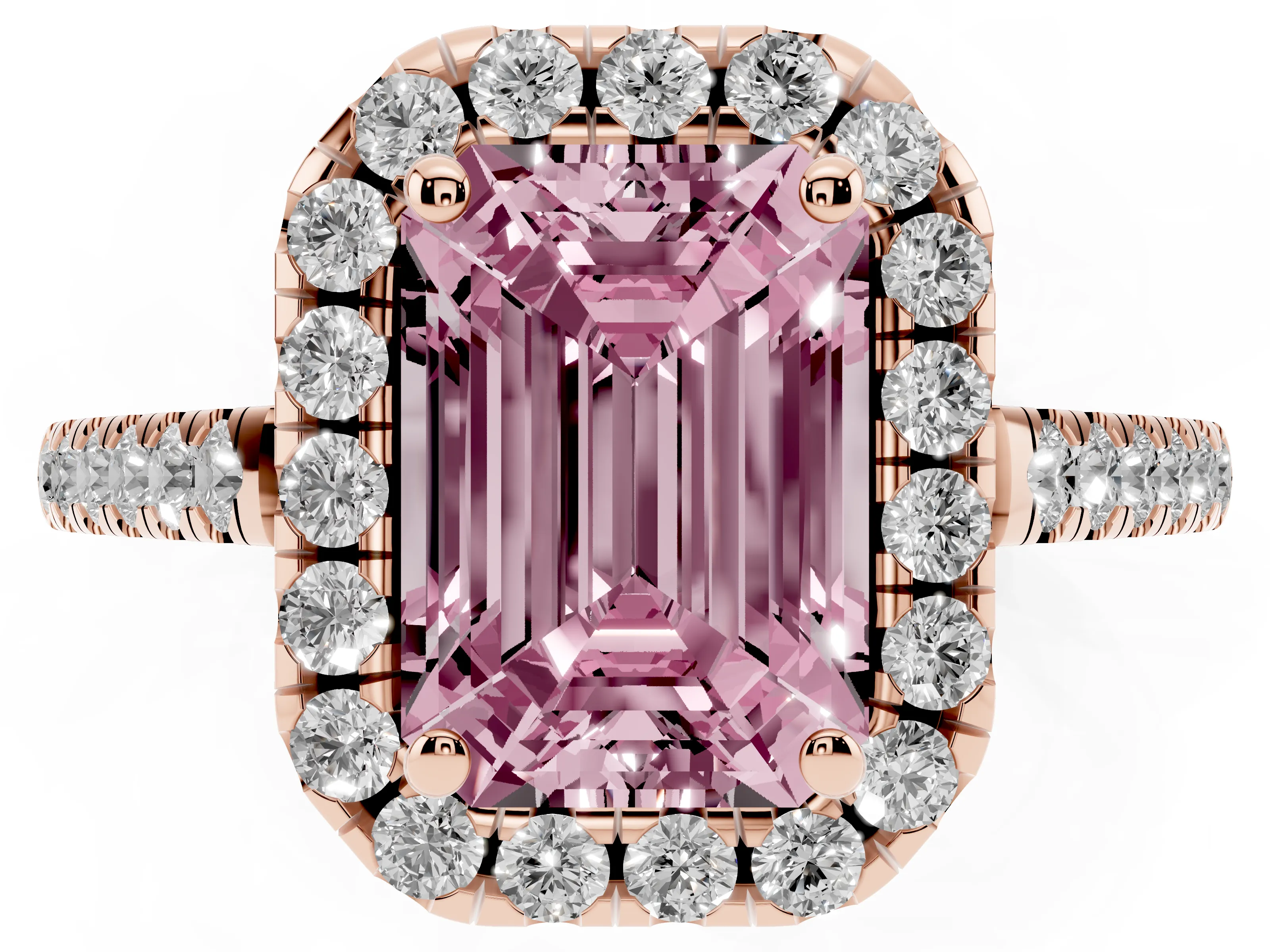 Fancy Pink Emerald Cut Diamond Pavé Halo Engagement Ring Set in Rose gold with Pavé Band and Prong Setting