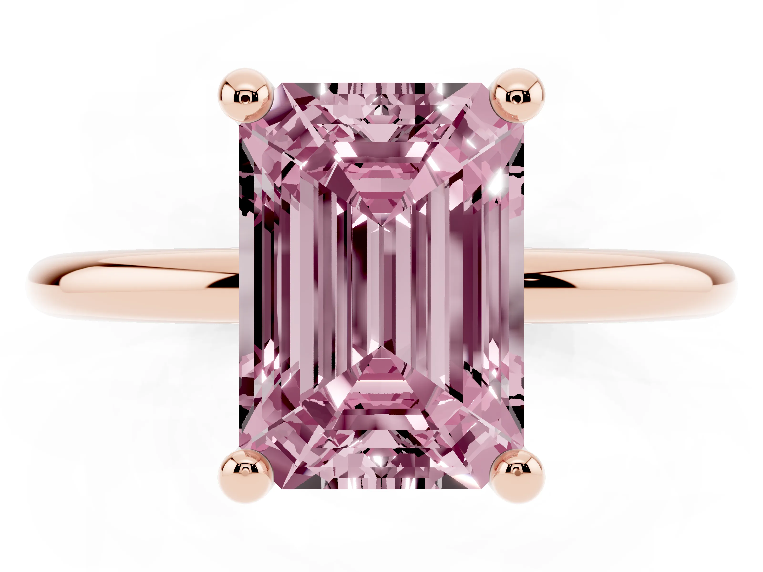 Fancy Pink Emerald Cut Diamond Solitaire Ring Set in Rose gold with Secure Prong Setting on a Classic Band