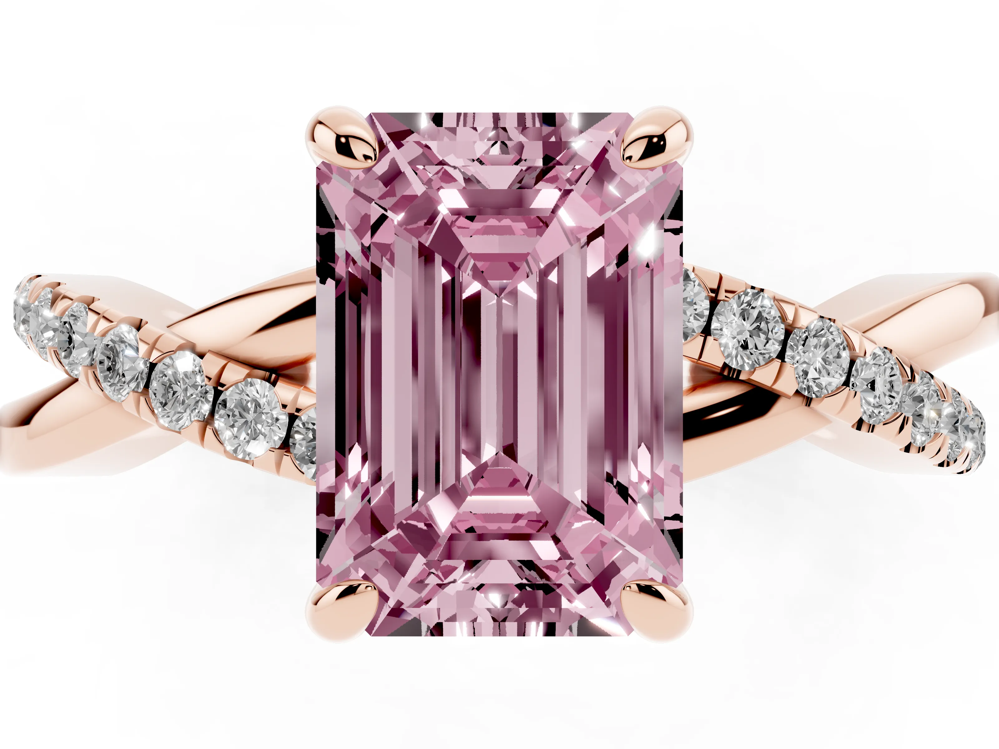 Fancy Pink Emerald Cut Diamond Twist Band Pavé Solitaire Ring Set in Rose gold with Prong Setting