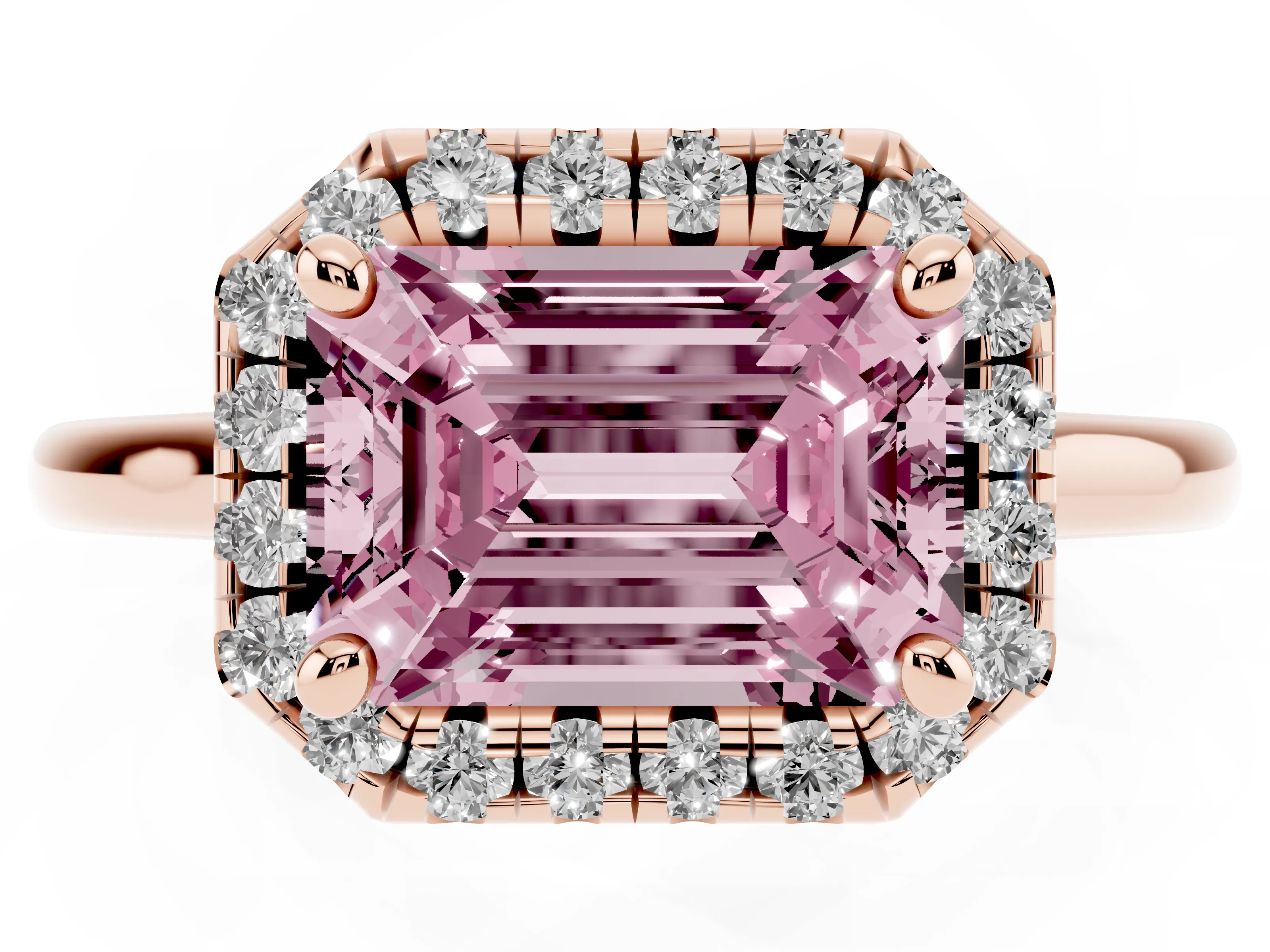 Fancy Pink Emerald Cut Diamond Halo Engagement Ring Set in Rose gold with Pavé Band and Rising Shoulders