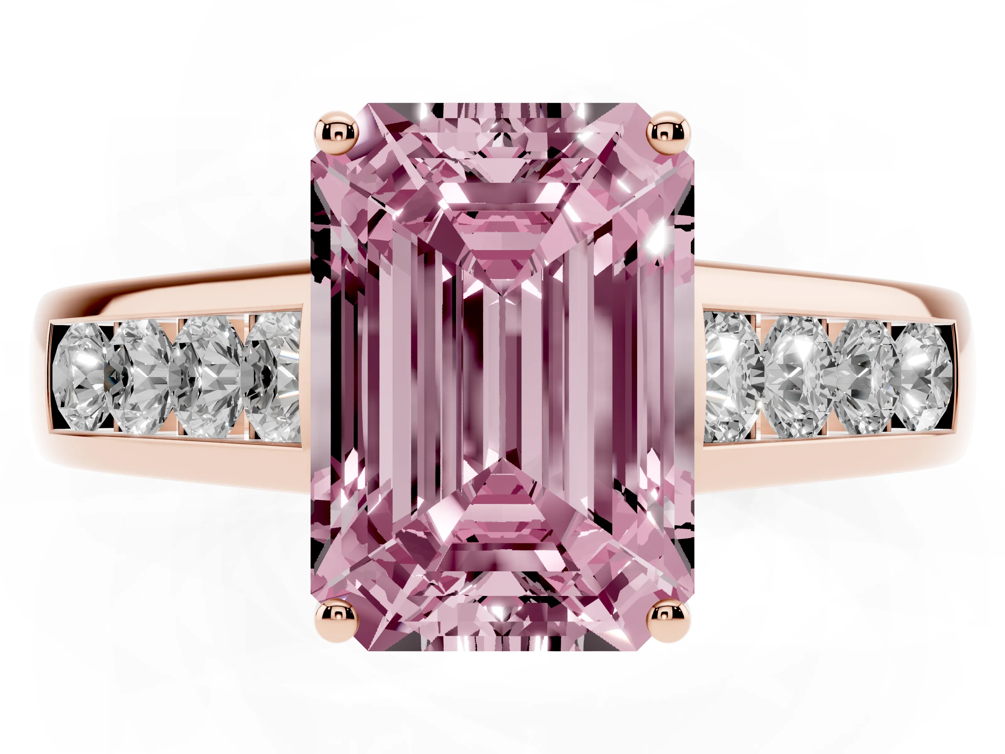 Fancy Pink Emerald Cut Diamond Brilliant Channel-Set Solitaire Ring Set in Rose gold with Prong Setting