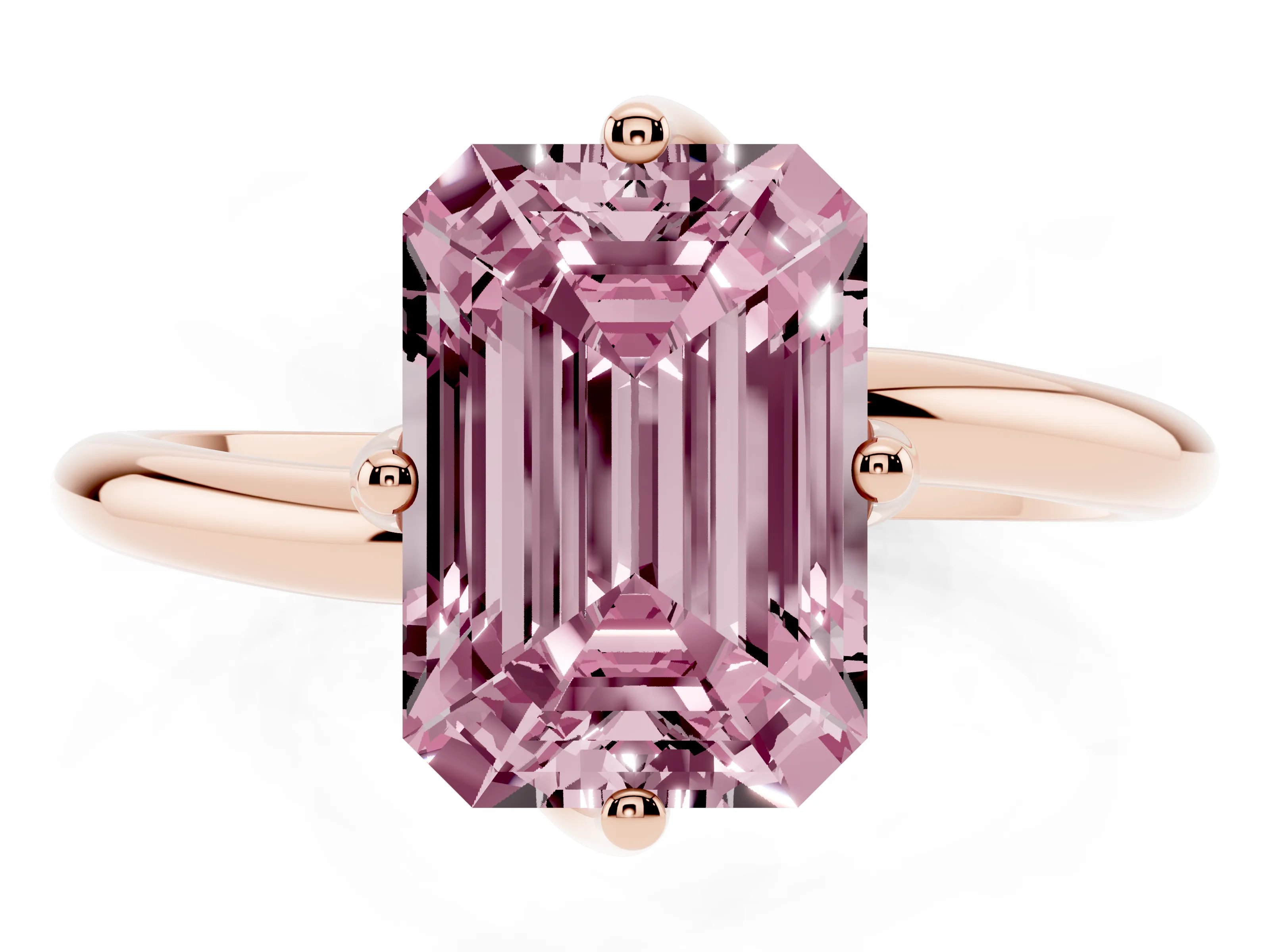 Fancy Pink Emerald Cut Diamond Solitaire Engagement Ring Set in Rose gold with Classic Plain Band