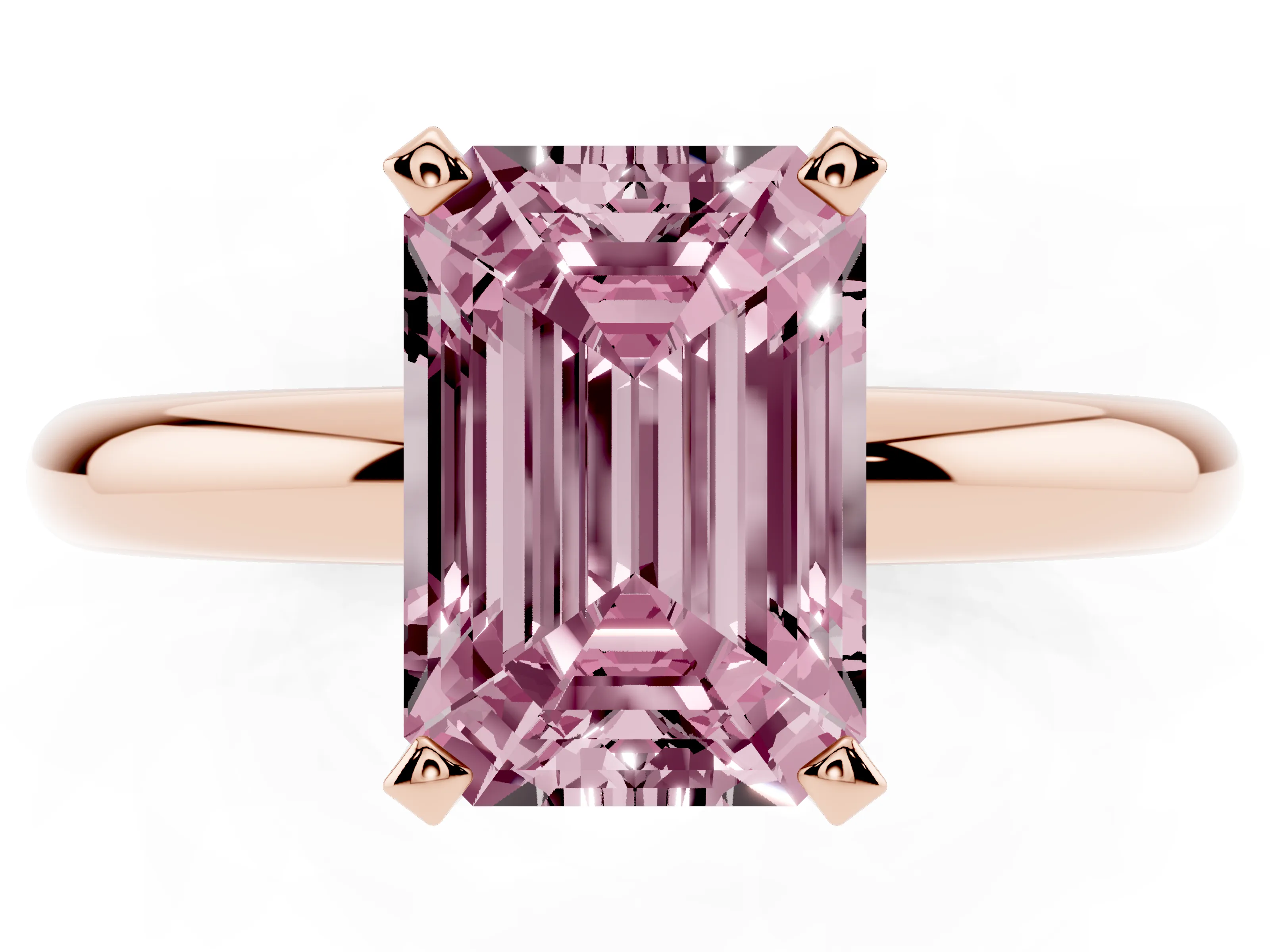 Fancy Pink Emerald Cut Diamond Solitaire Engagement Ring Set in Rose gold with Round Band and Prong Setting
