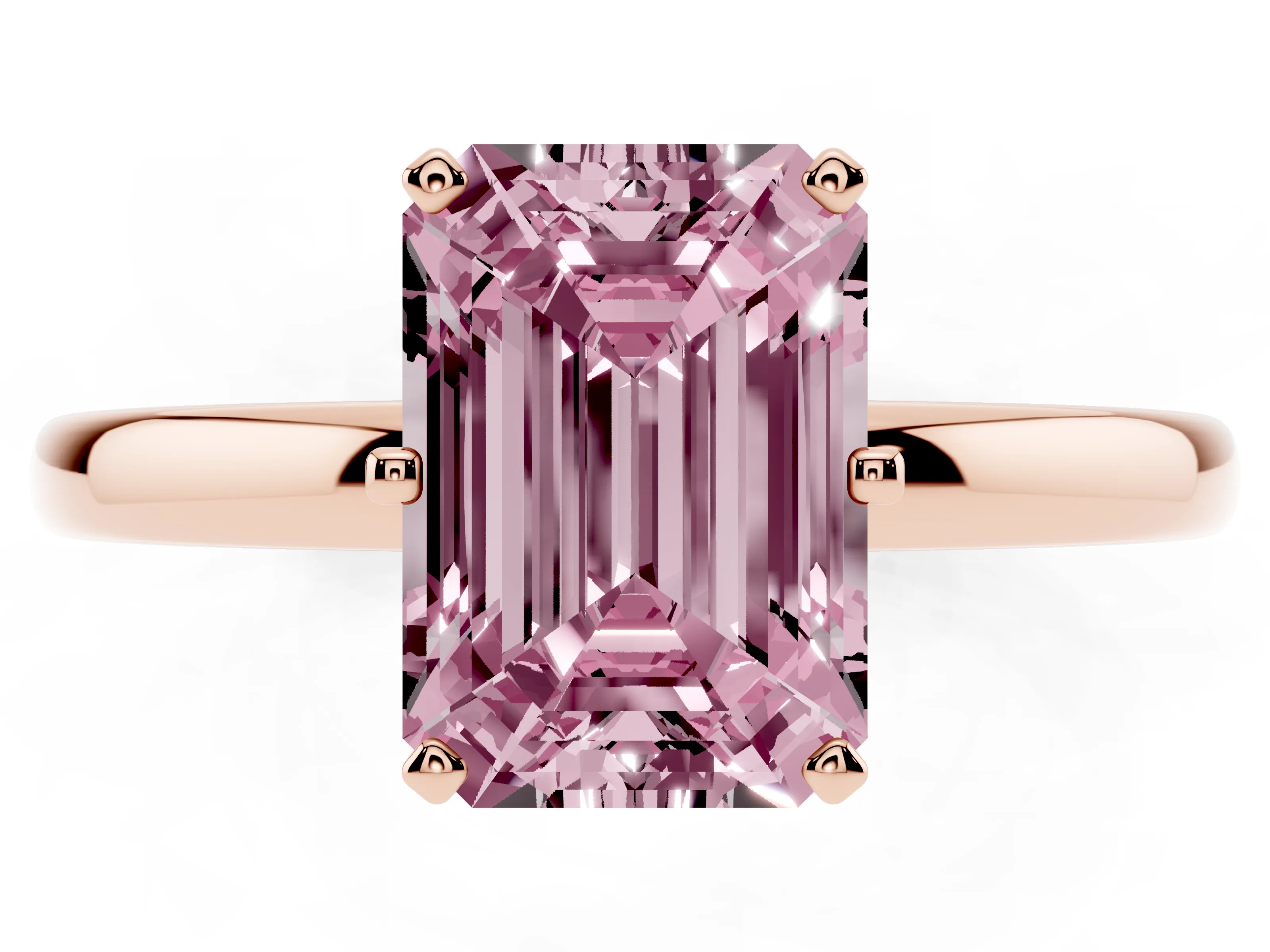 Fancy Pink Emerald Cut Diamond Solitaire Ring Set in Rose gold with Raised Prong Setting on a Classic Band