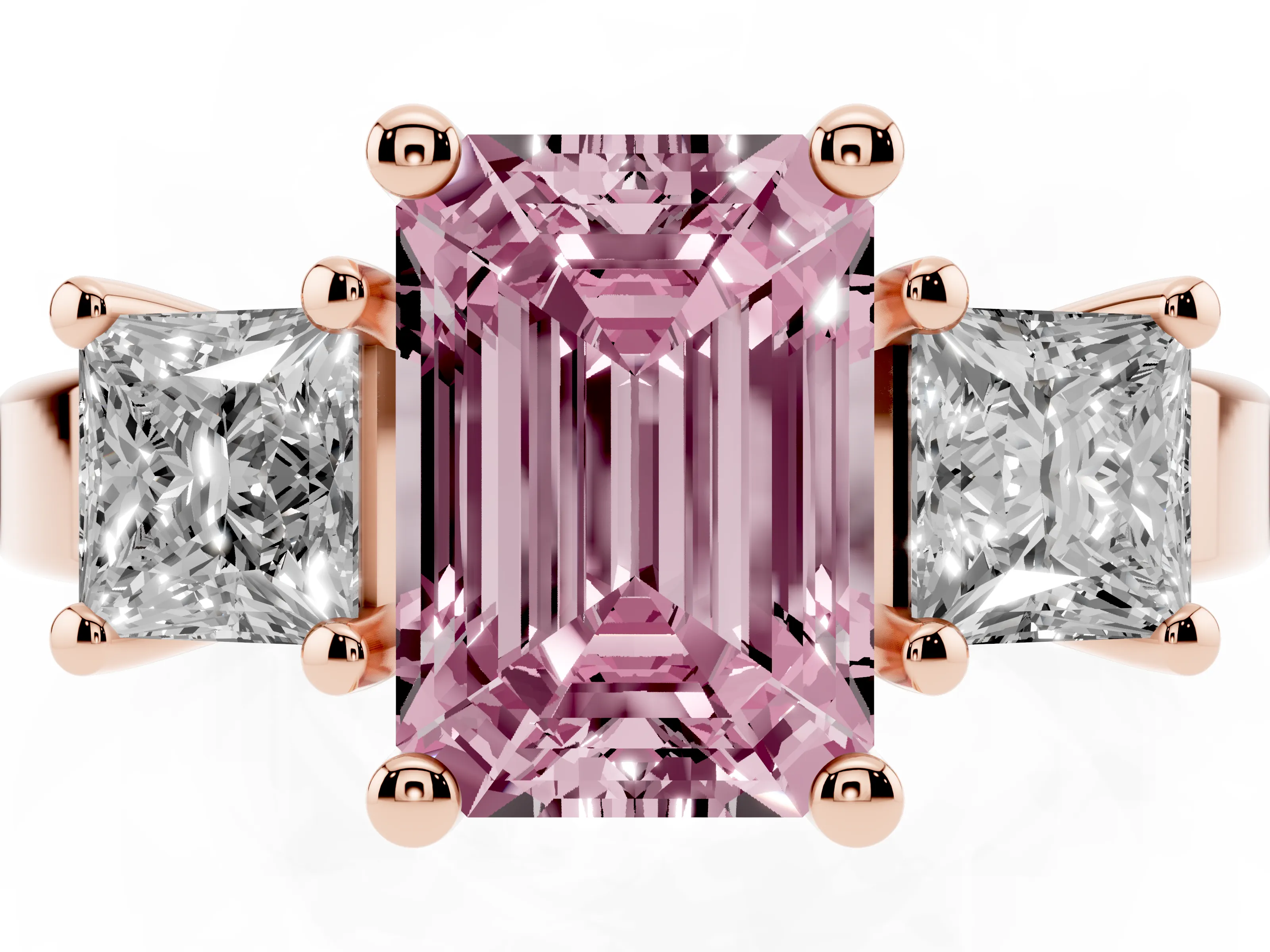 Fancy Pink Three-Stone Emerald Cut Diamond Solitaire Ring Set in Rose gold with Prong Setting