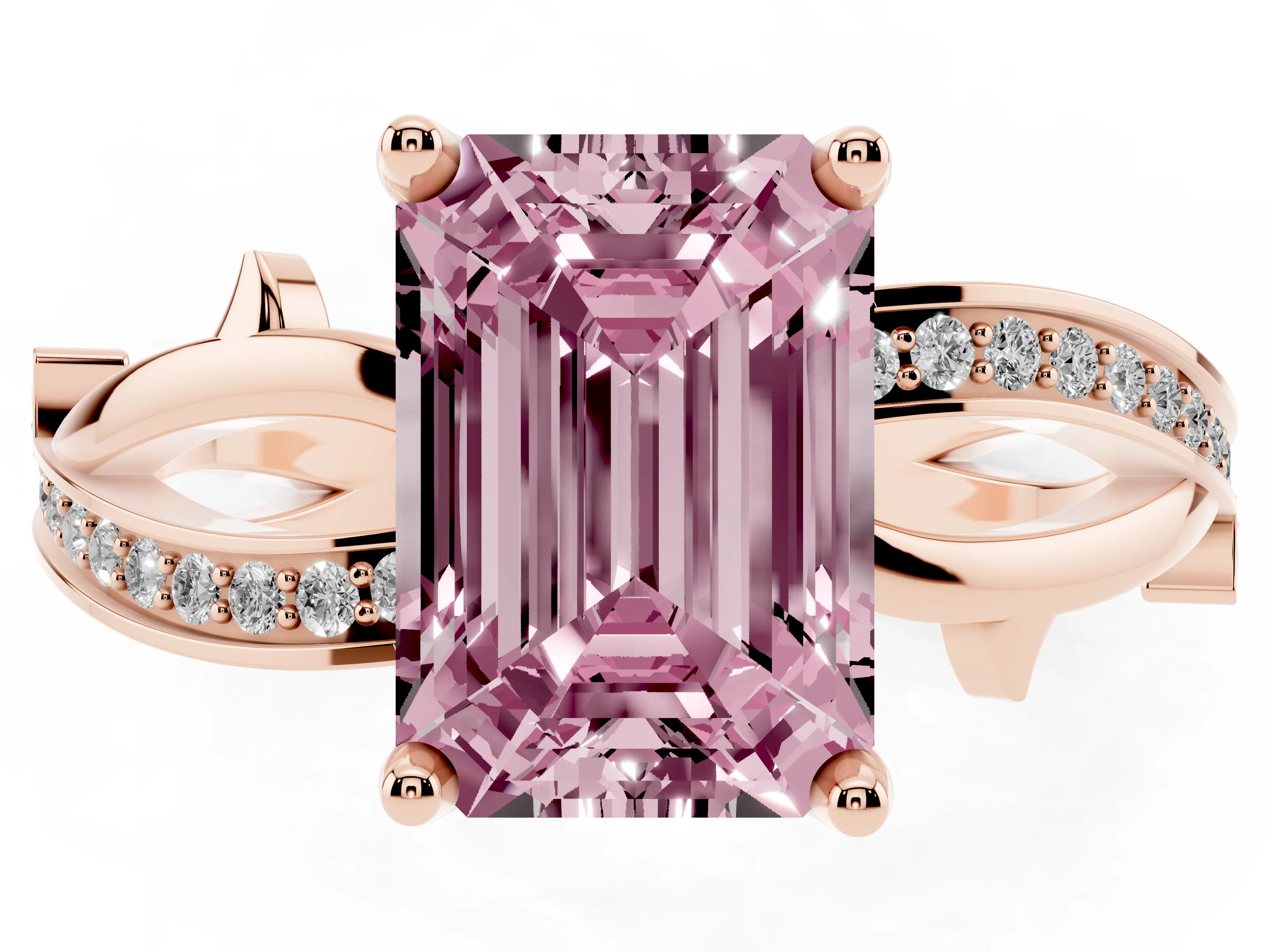Fancy Pink Emerald Cut Diamond Pavé Twist Band Solitaire Ring Set in Rose gold with Prong Setting