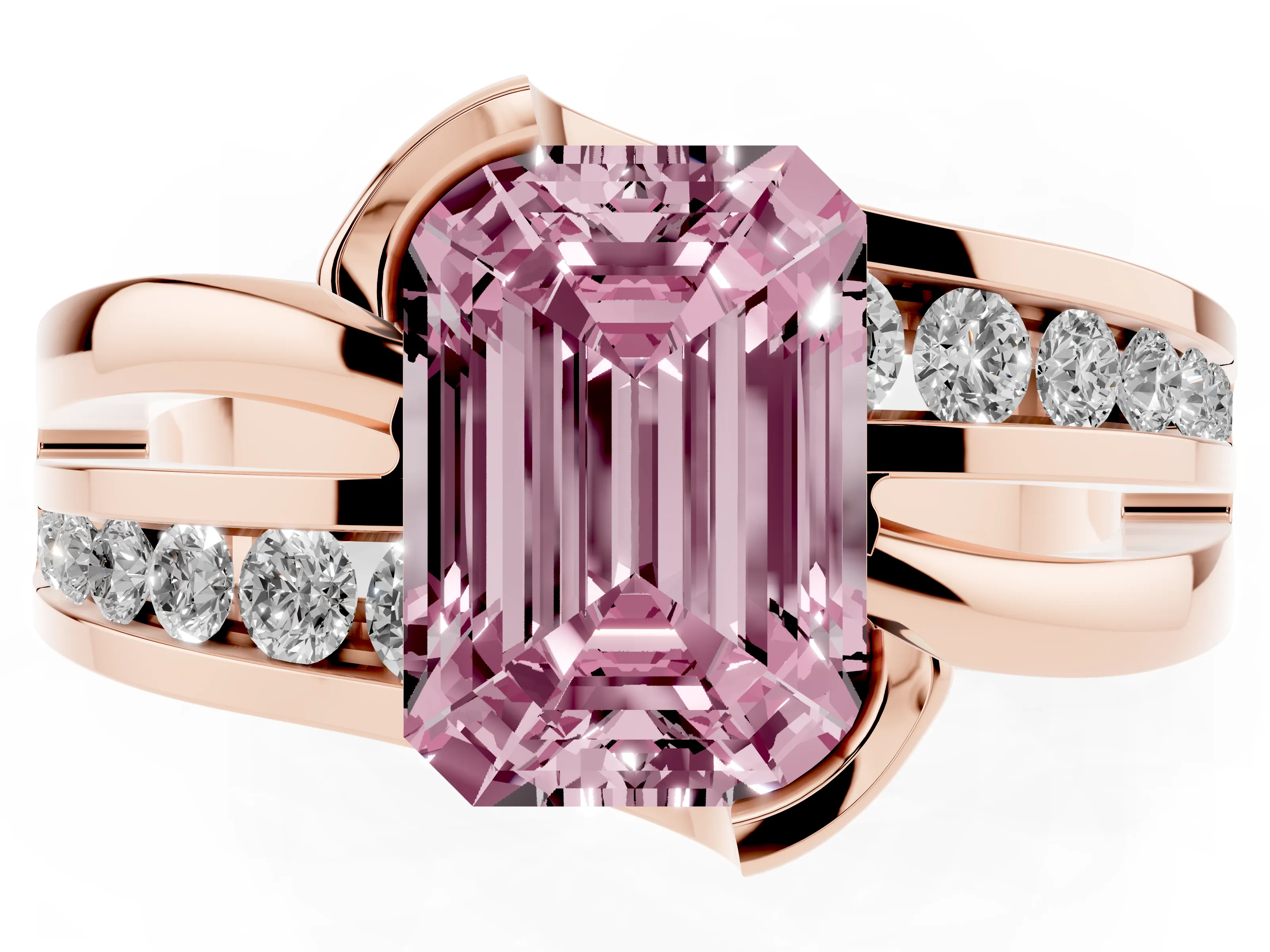 Fancy Pink Emerald Cut Diamond Solitaire Ring Set in Rose gold with Channel Set Split Shank and Tension Prongs