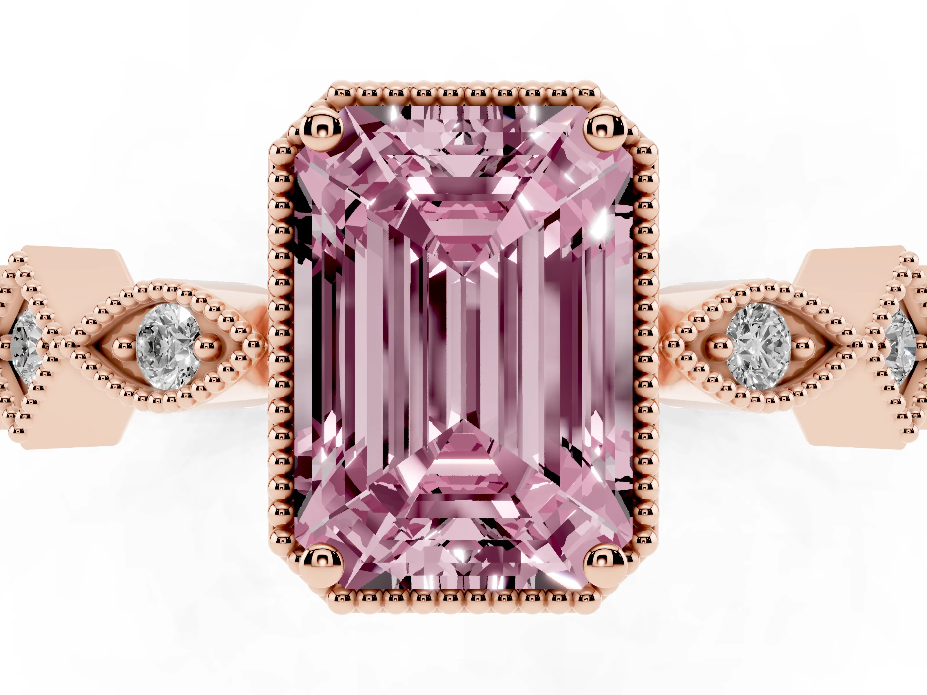 Fancy Pink Emerald Cut Diamond Milgrain Marquise Twist Band Ring Set in Rose gold with Prong Setting