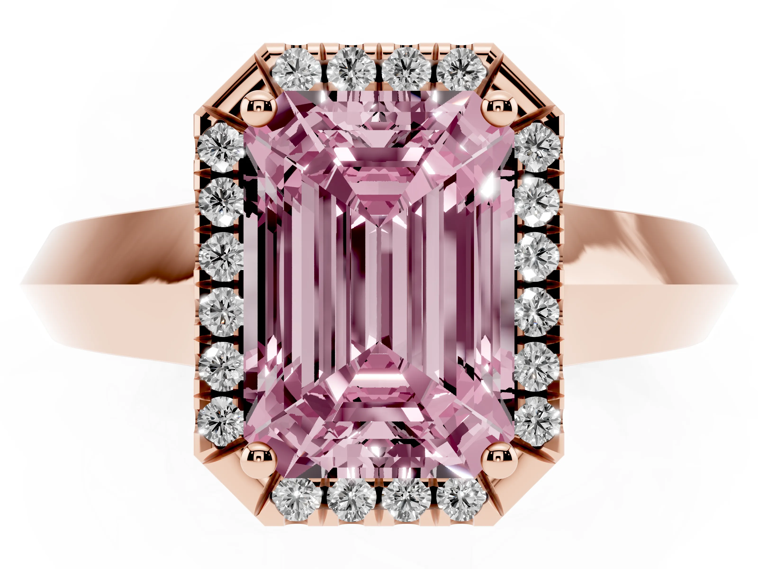 Fancy Pink Emerald Cut Diamond Halo Ring Set in Rose gold with Cathedral Band and Prong Setting