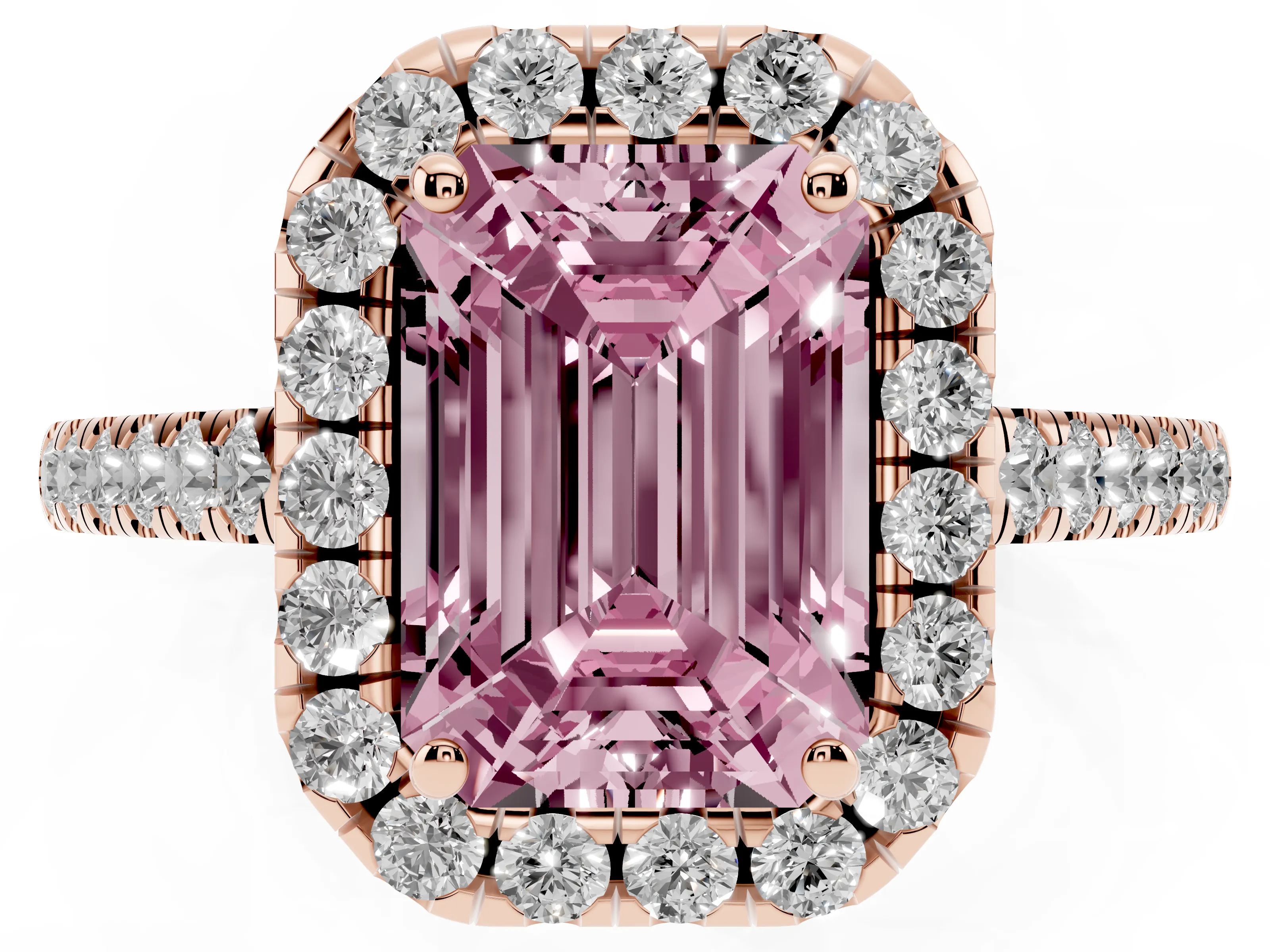 Fancy Pink Emerald Cut Diamond Halo Pavé Engagement Ring Set in Rose gold with Prong Setting