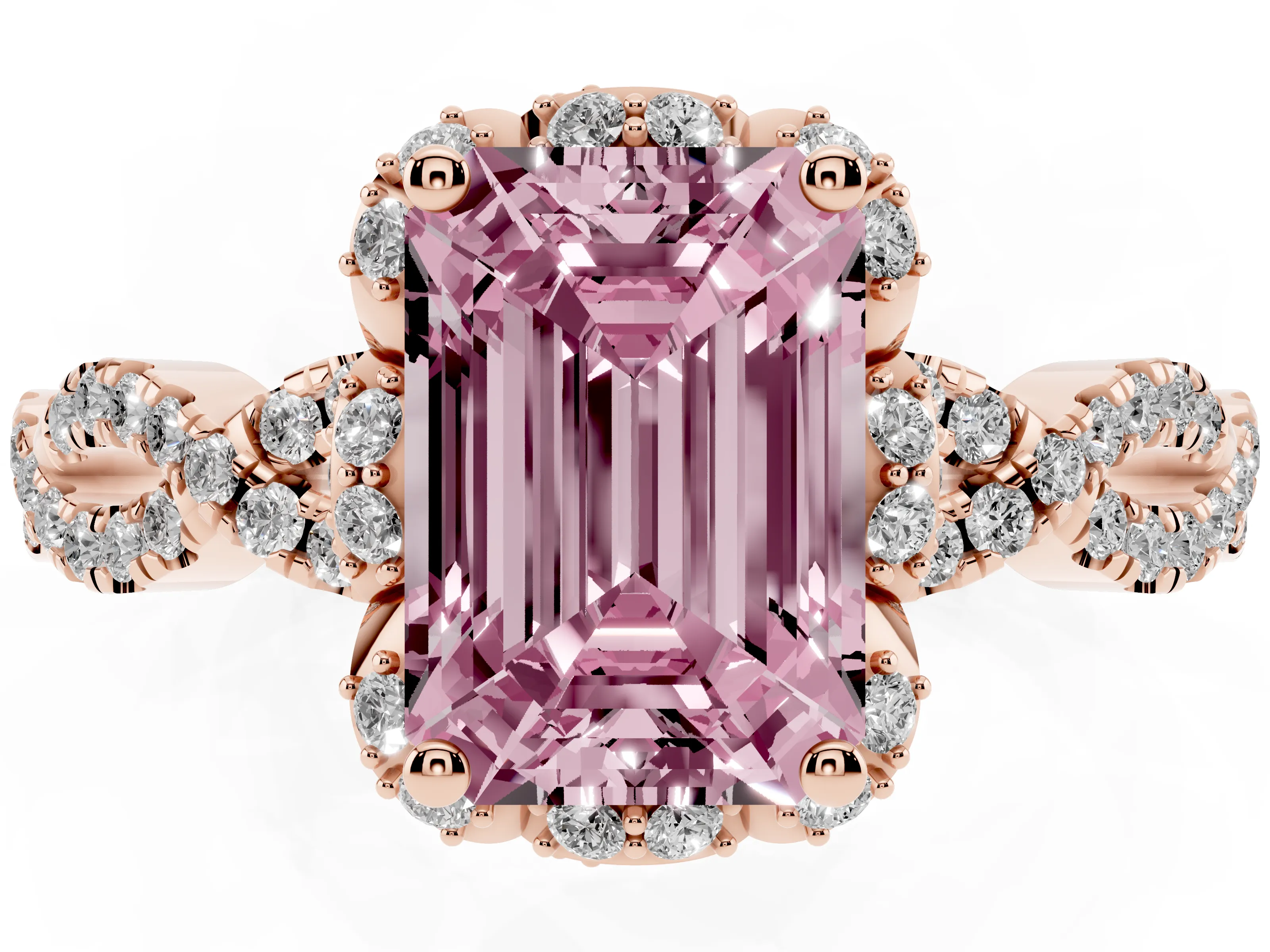 Fancy Pink Emerald Cut Diamond Halo Twist Band Solitaire Ring Set in Rose gold with Prong-Set Center Stone