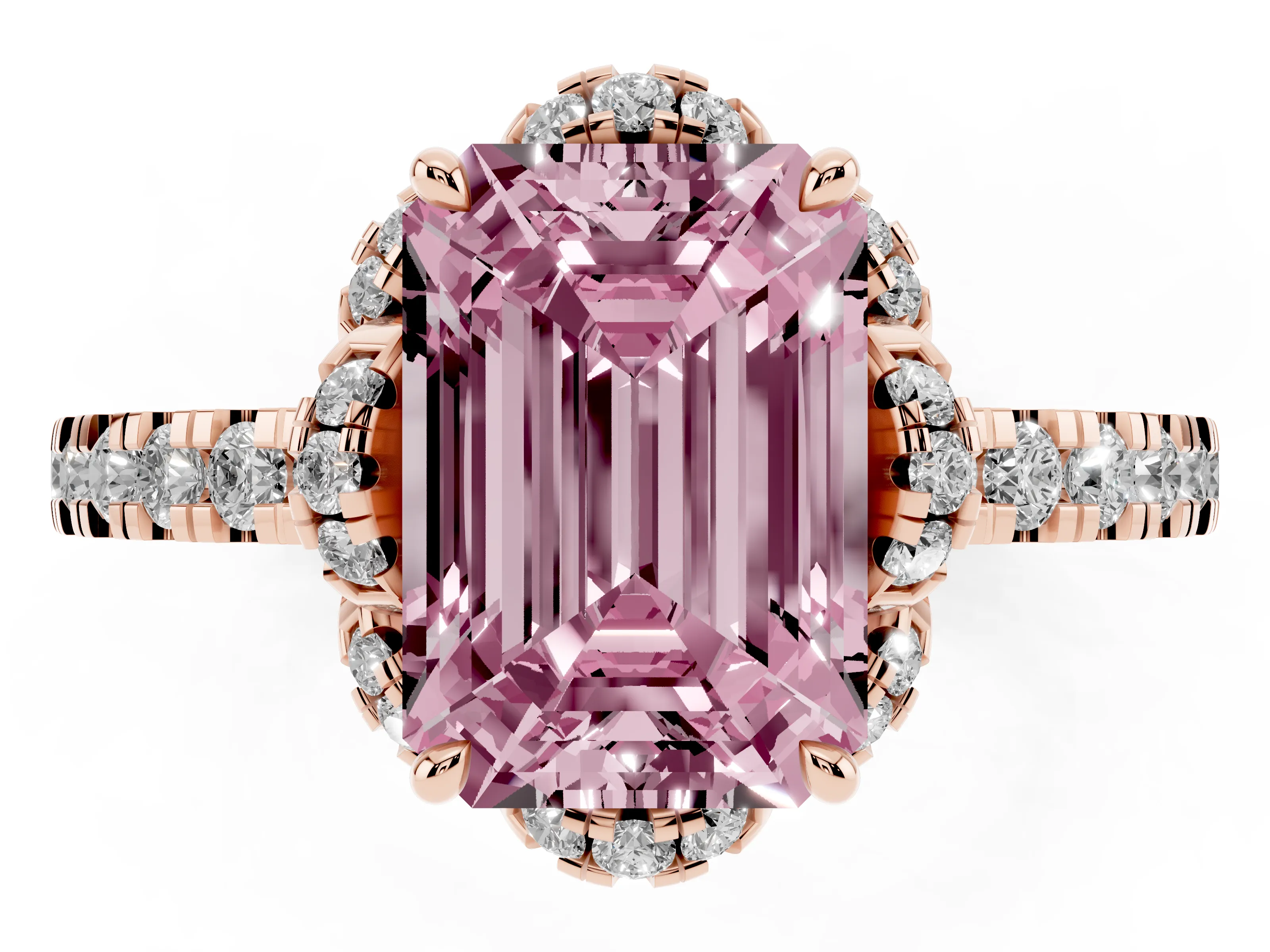 Fancy Pink Emerald Cut Diamond Halo Pavé Band Ring Set in Rose gold with Prong-Held Center