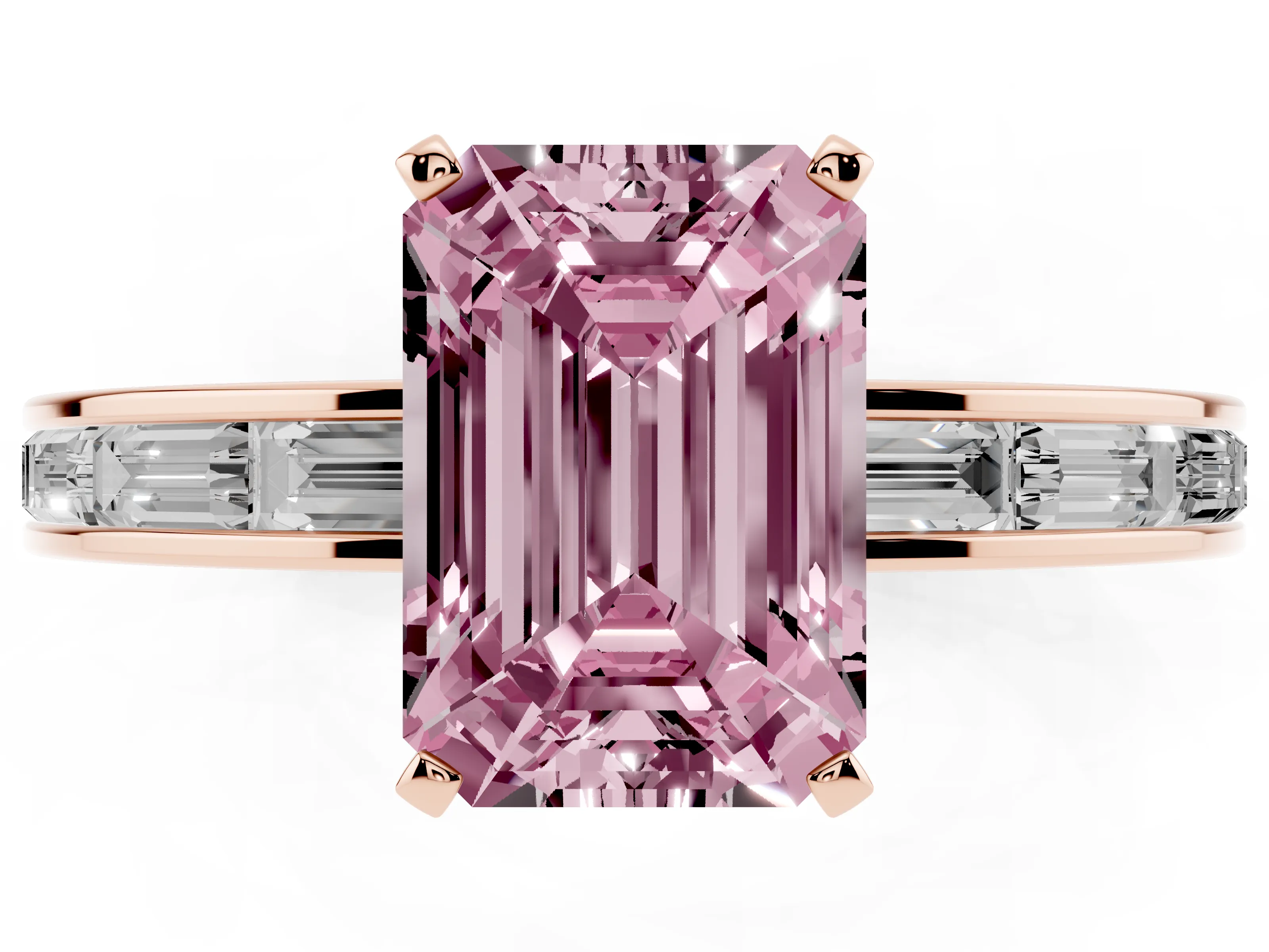 Fancy Pink Emerald Cut Diamond Solitaire Ring Set in Rose gold with Channel-Set Baguette Band and Prong Setting