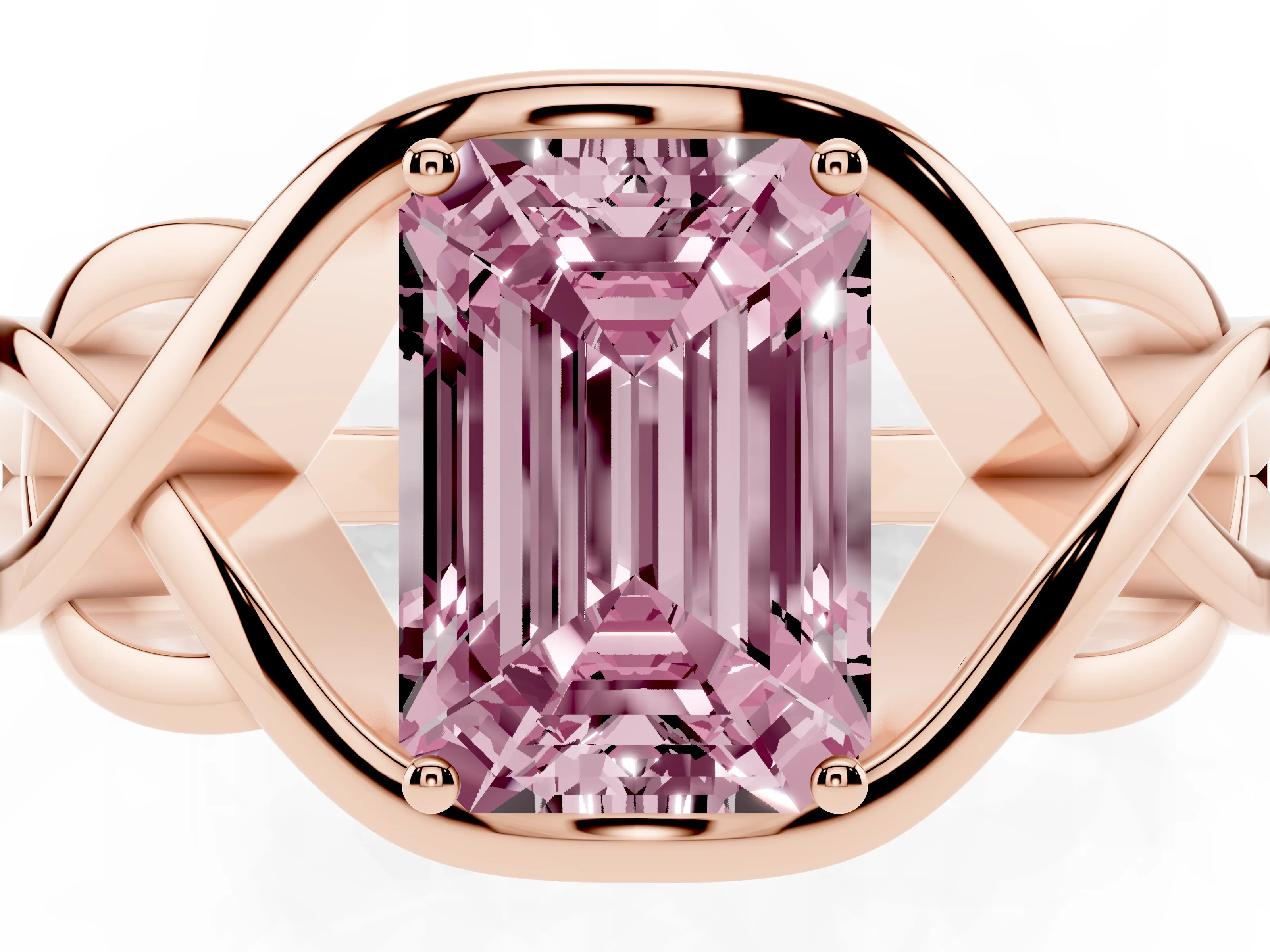 Fancy Pink Emerald Cut Diamond Solitaire Ring Set in Rose gold with Intertwined Band