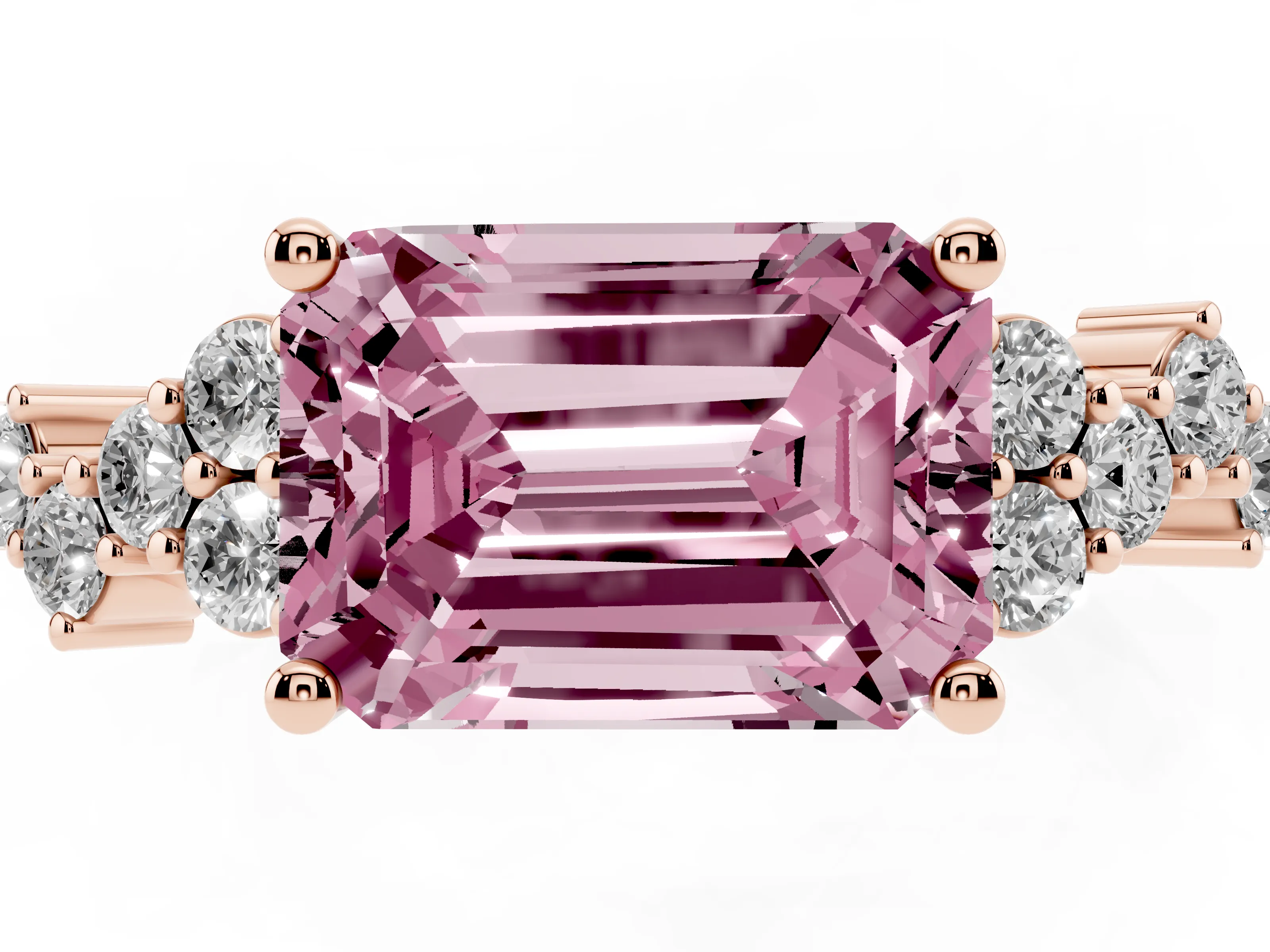 Fancy Pink Emerald Cut Diamond Ring Set in Rose gold with Scattered Round Accents