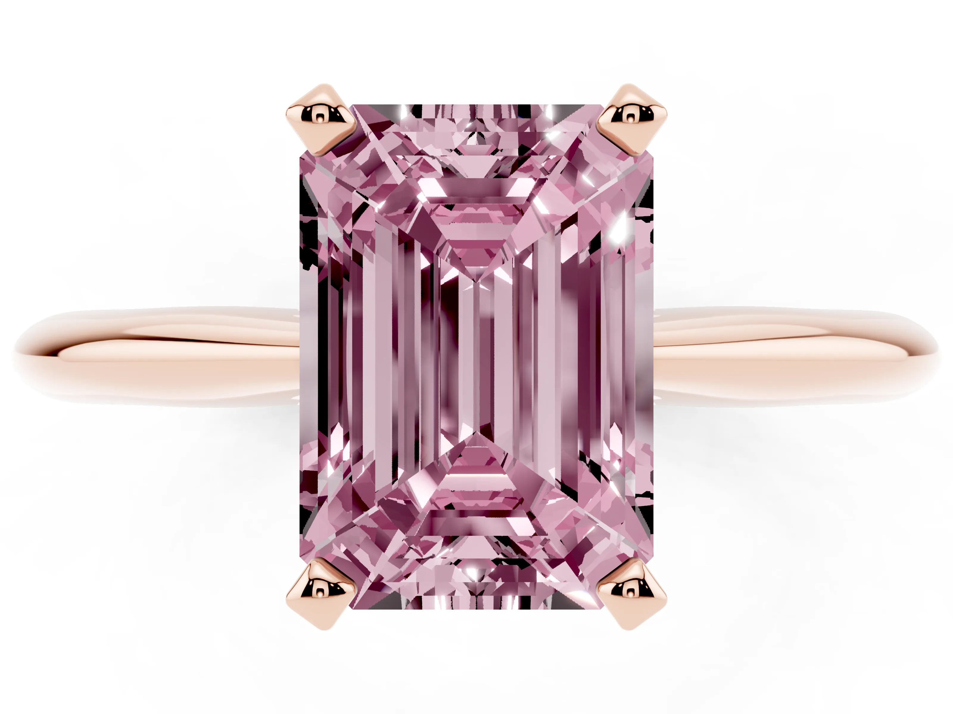 Fancy Pink Emerald Cut Diamond Solitaire Ring Set in Rose gold with Prong Setting on a Plain Round Band