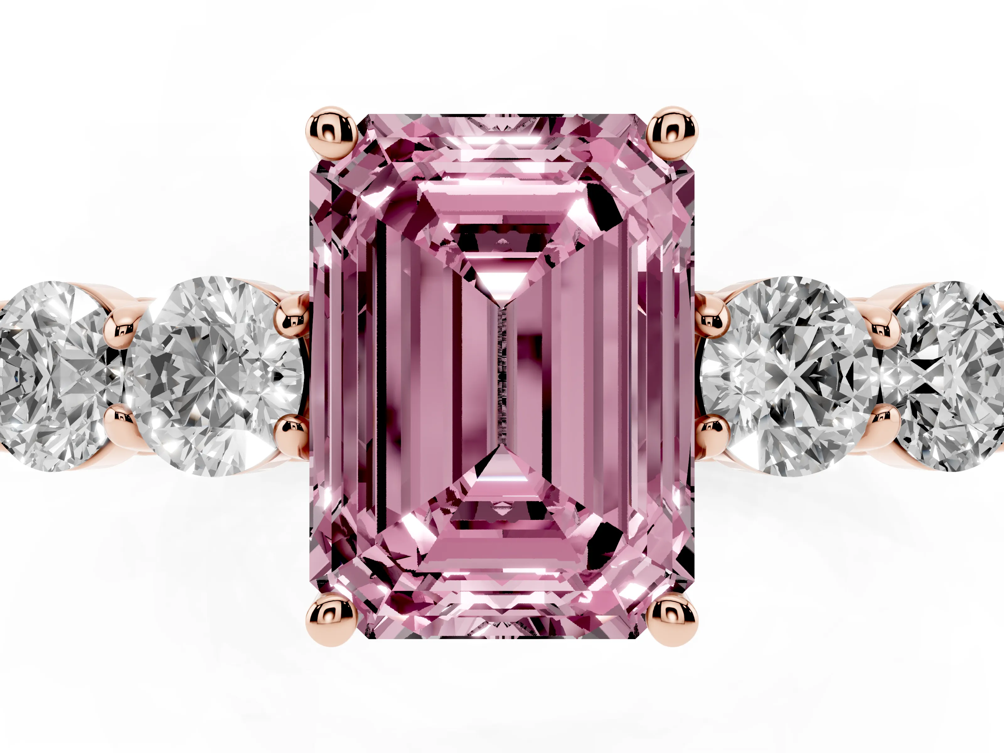 Fancy Pink Emerald Cut Diamond Five-Stone Prong Set Band Ring Set in Rose gold with Polished Band