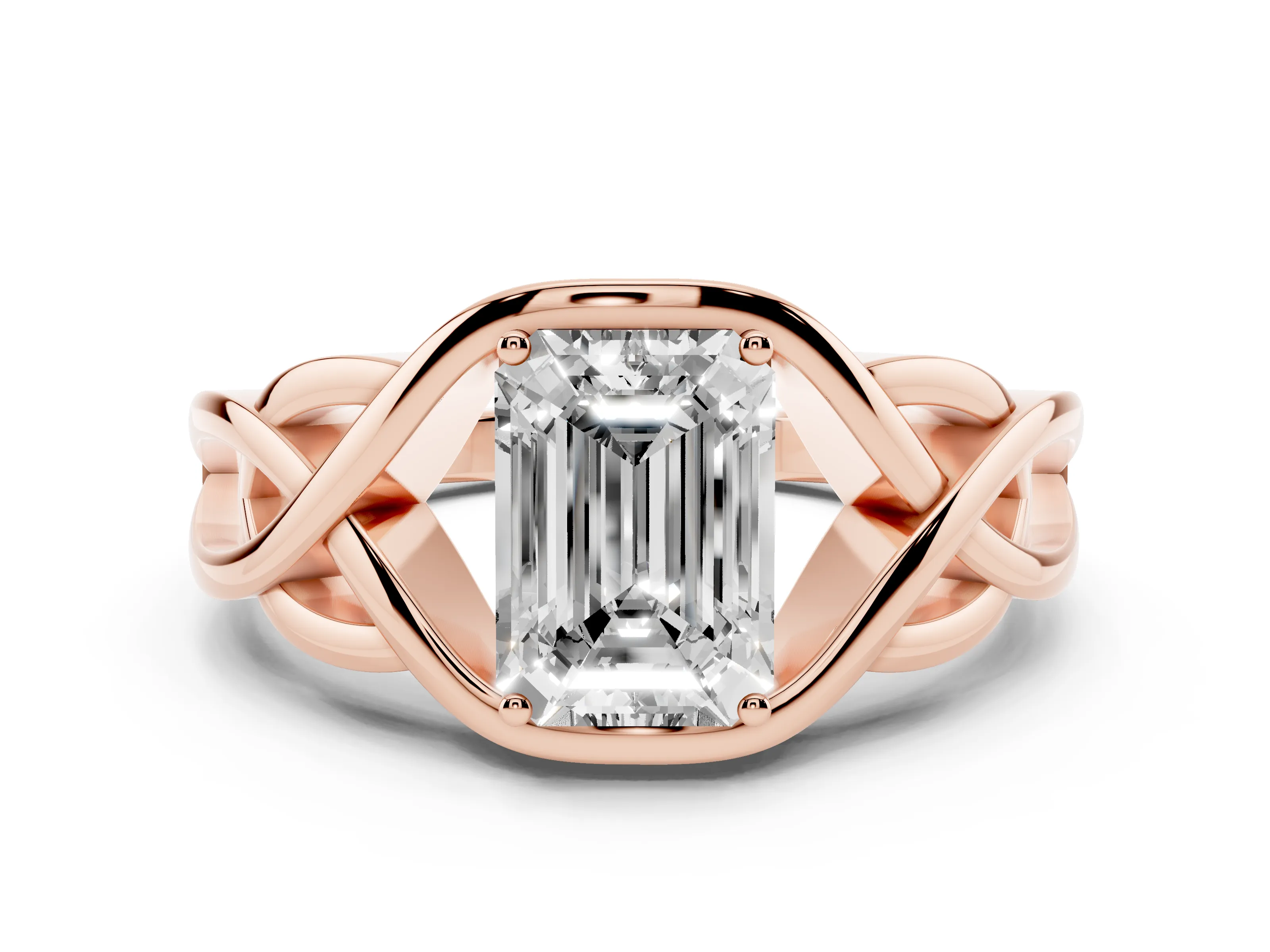 Emerald Cut Diamond Solitaire Ring Set in Rose gold with Intertwined Band
