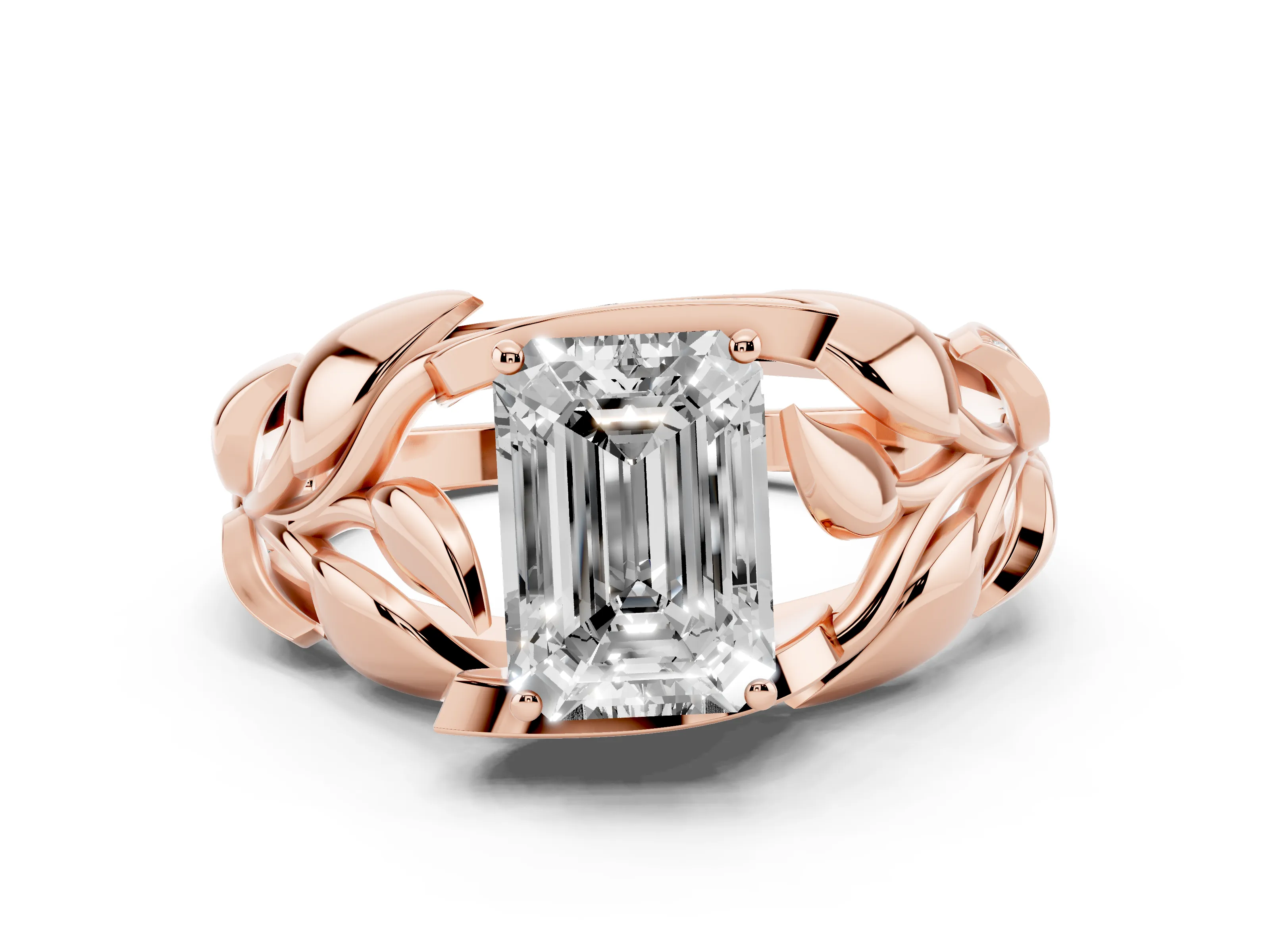 Emerald Cut Diamond Leaf-Inspired Engagement Ring Set in Rose gold with Round Accents