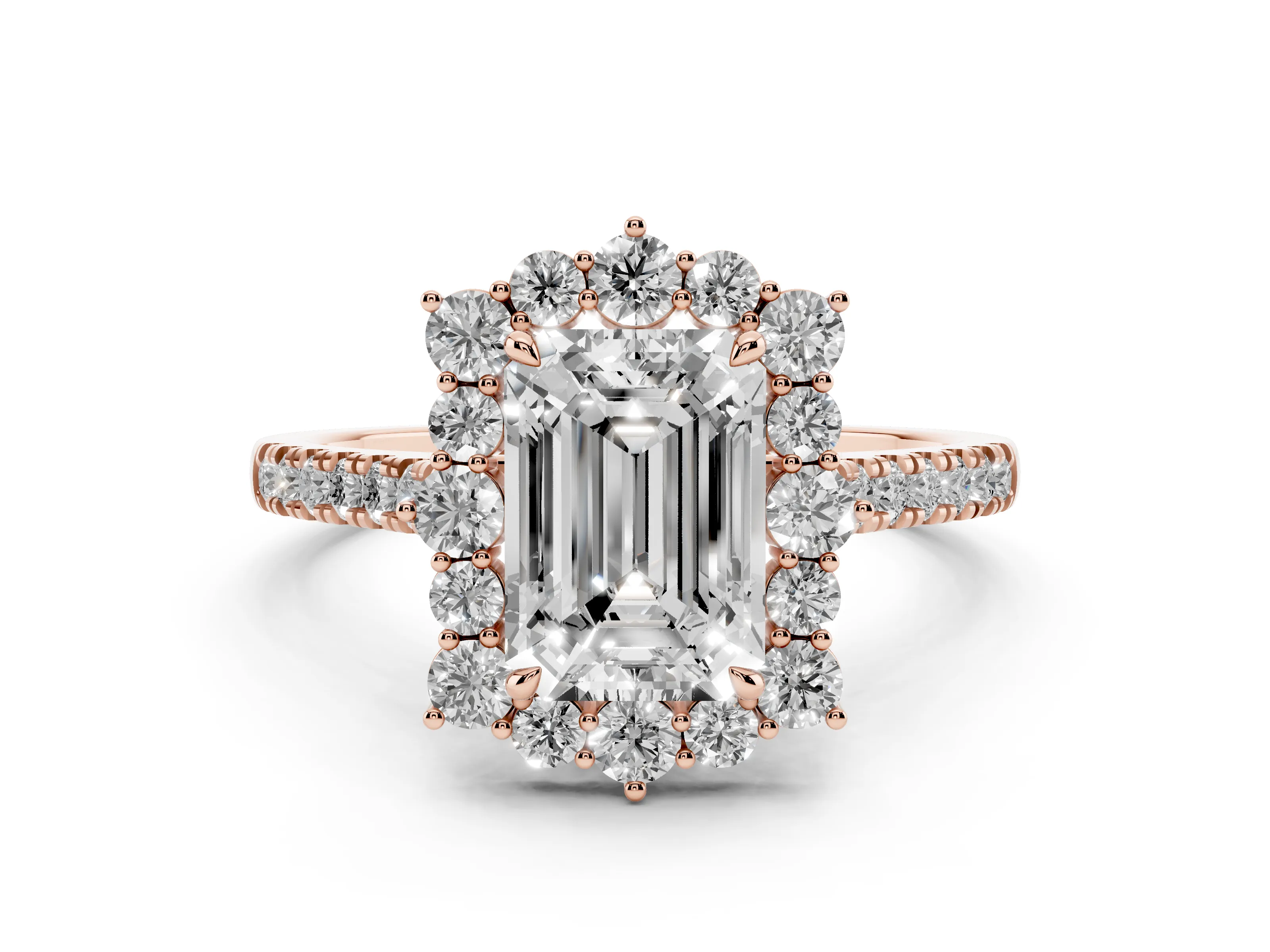 Emerald Cut Diamond Halo Ring Set in Rose gold with Pavé Band and Prong Setting