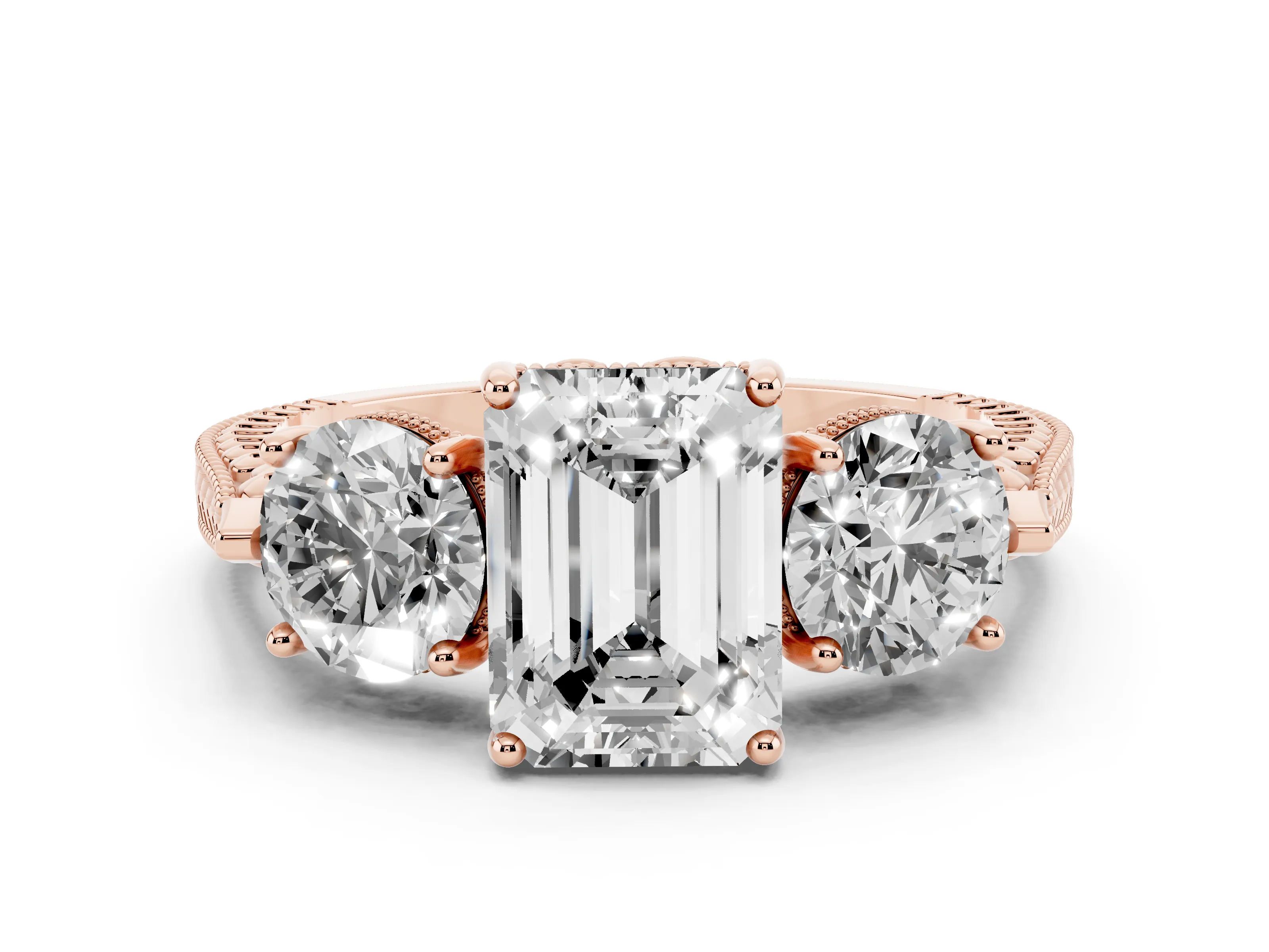 Emerald Cut Diamond Three-Stone Ring Set in Rose gold with Milgrain Band