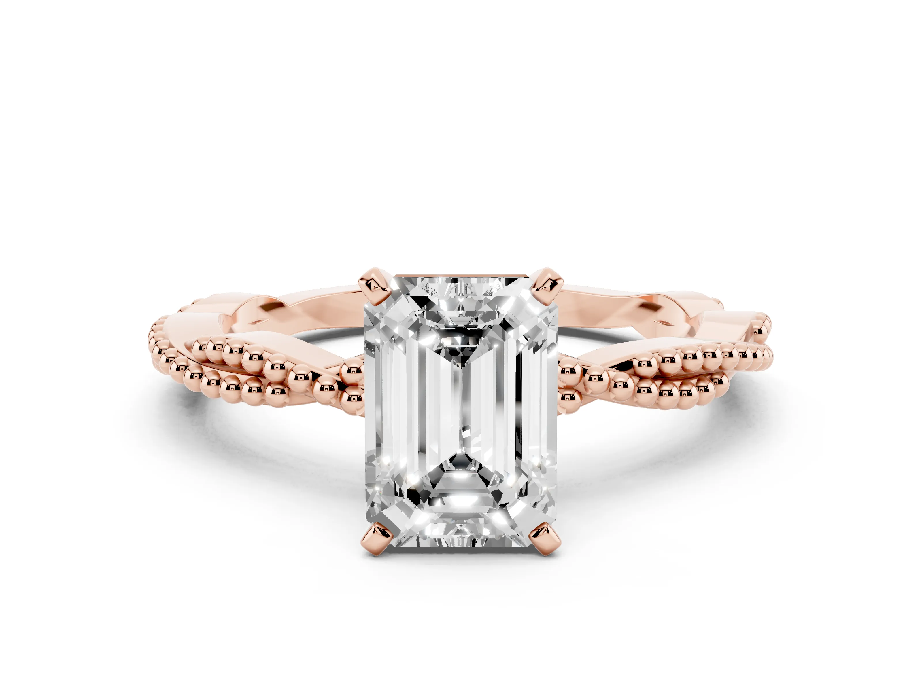 Emerald Cut Diamond Solitaire Ring Set in Rose gold with Twisted Band and Bead Prong Setting