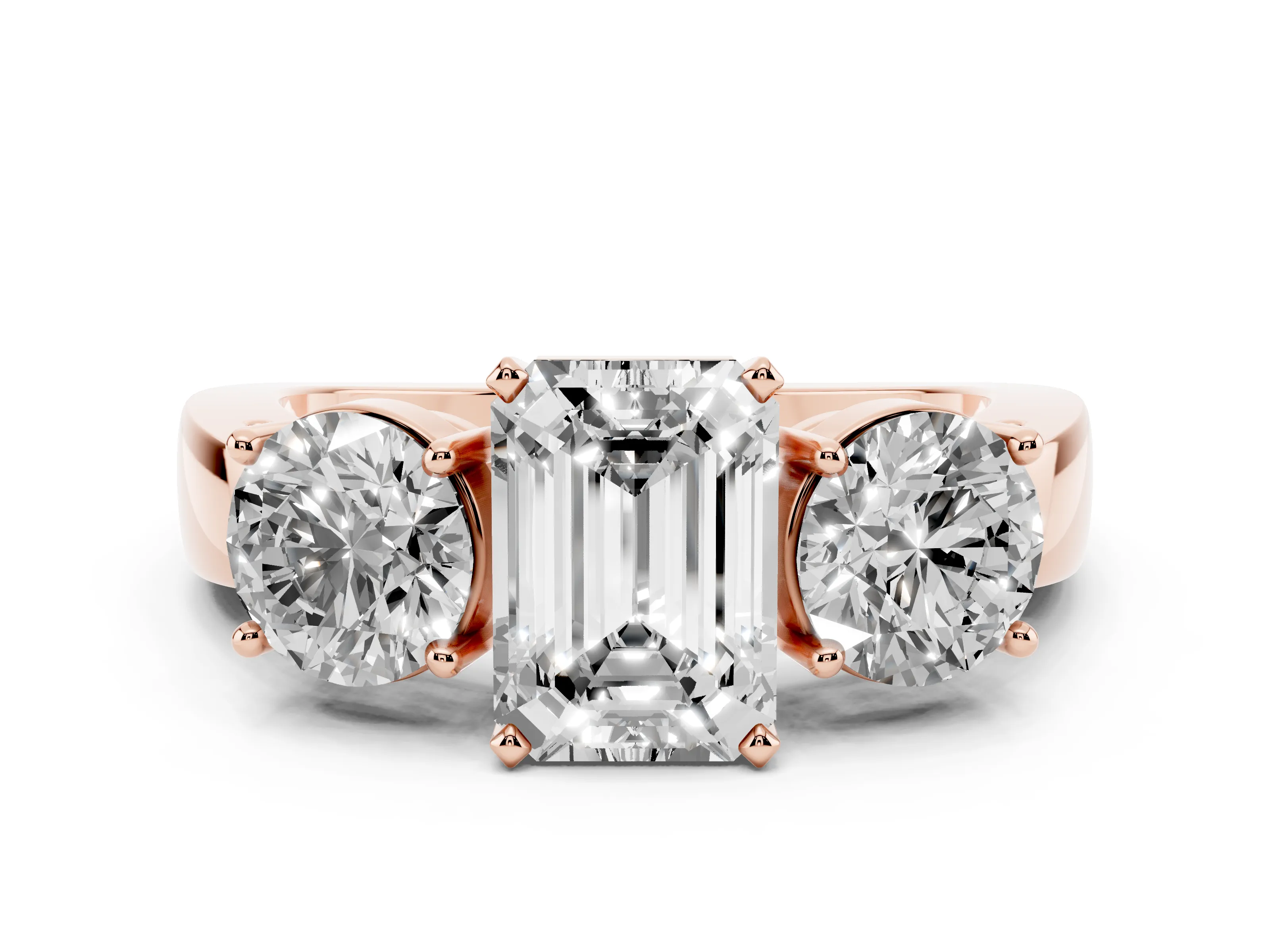 Emerald Cut Diamond Three-Stone Ring Set in Rose gold with Round Side Stones and Classic Band