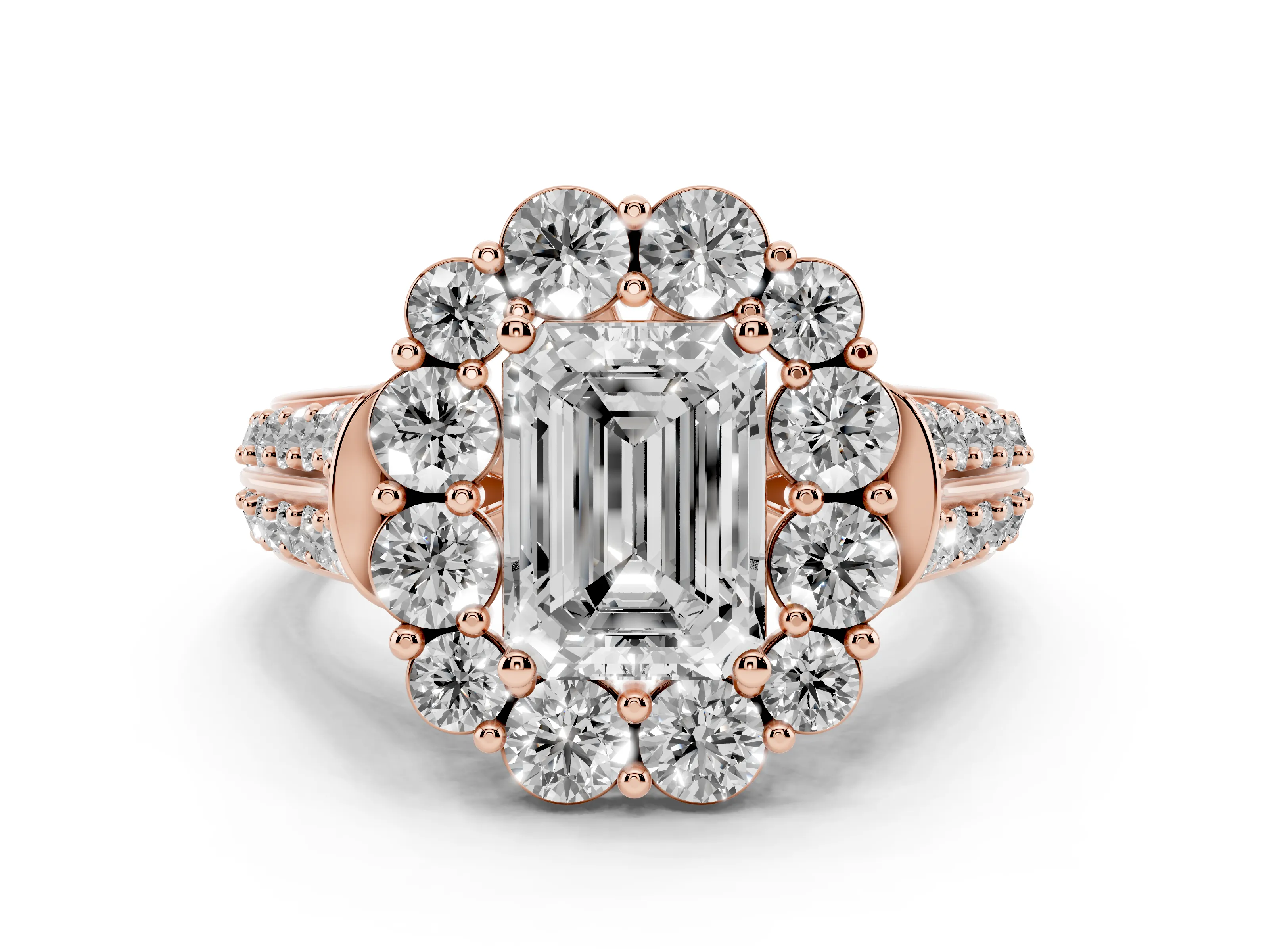 Emerald Cut Diamond Halo Engagement Ring Set in Rose gold with Split Shank and Prong Setting