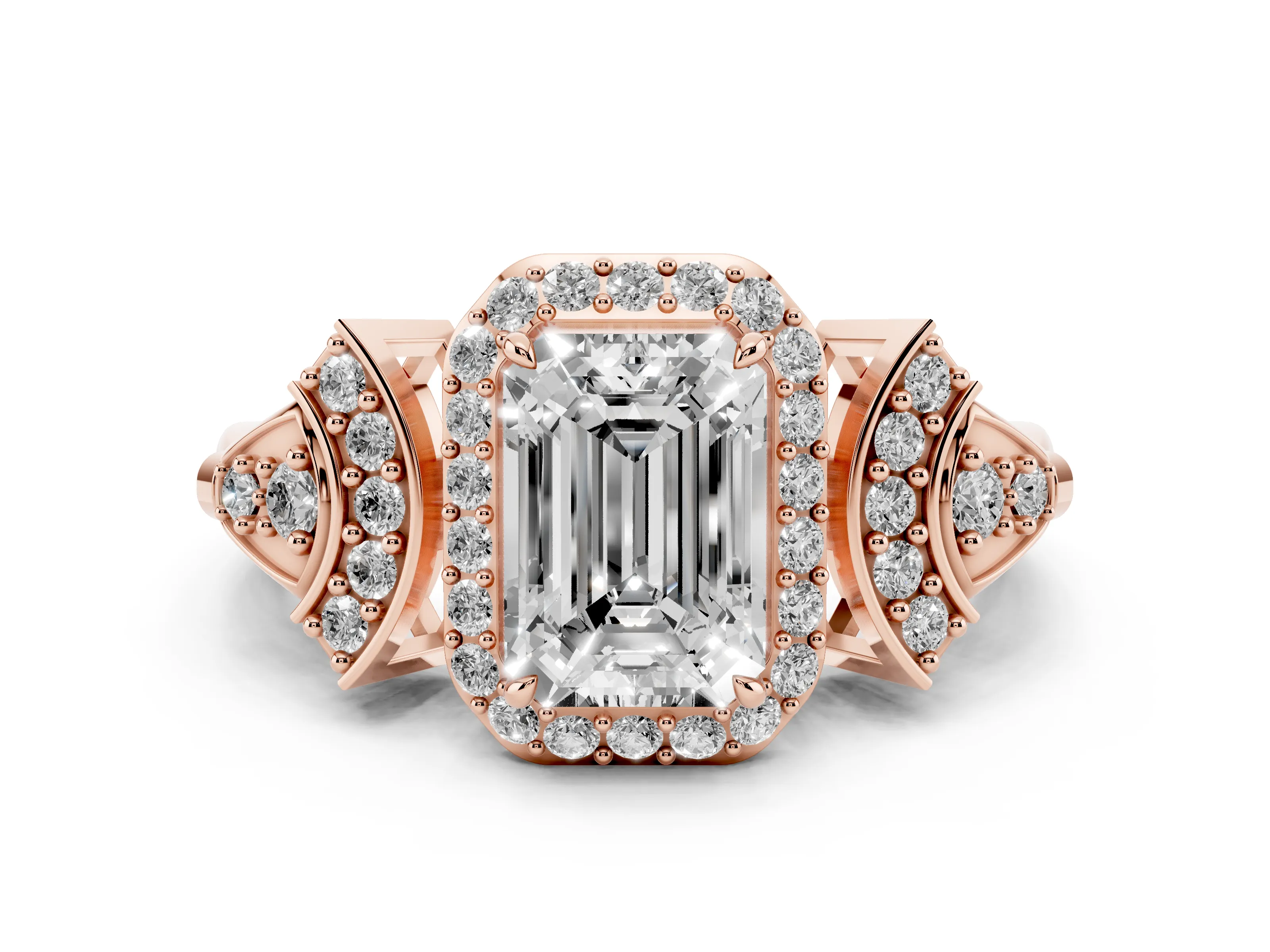 Emerald Cut Diamond Halo Engagement Ring Set in Rose gold with Accent Stone Split Shank