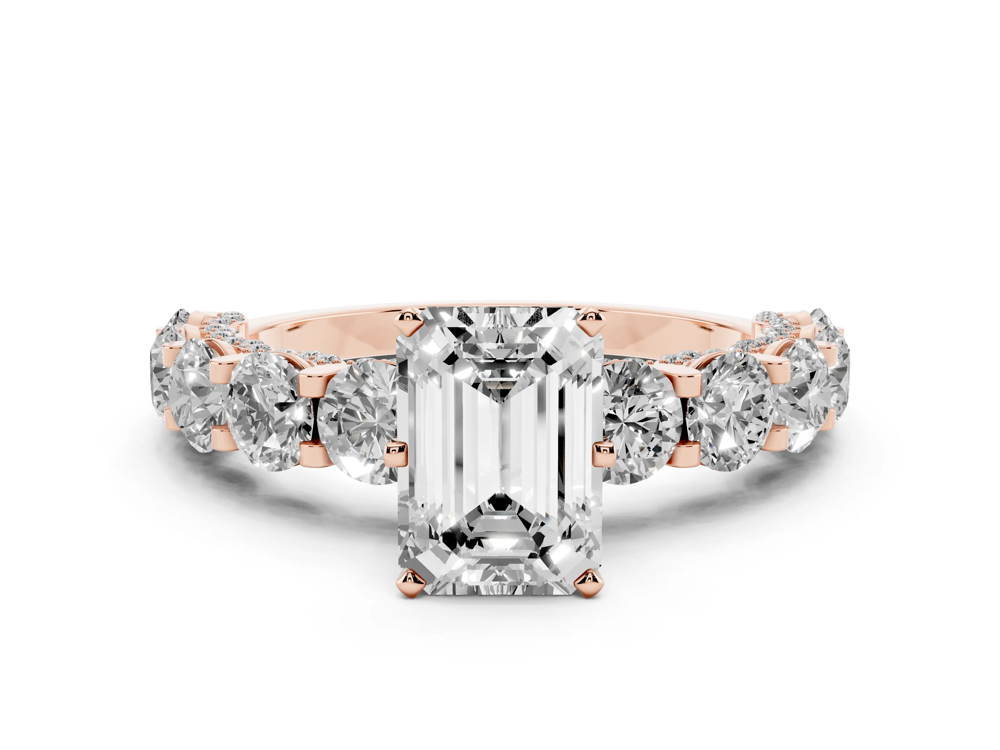 Emerald Cut Diamond Side Stone Ring Set in Rose gold with Alternating Round and Oval Side Stones