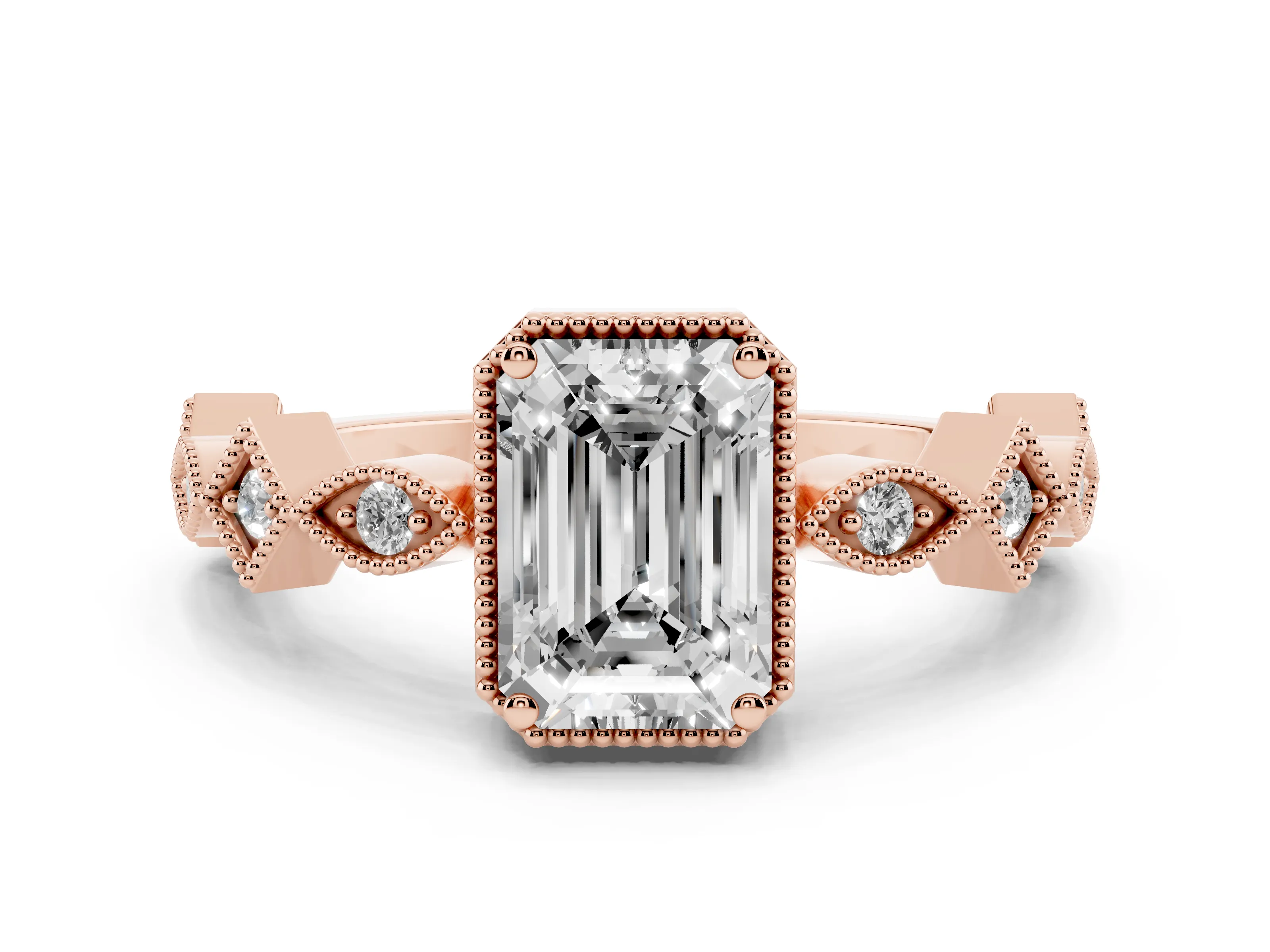 Emerald Cut Diamond Milgrain Marquise Twist Band Ring Set in Rose gold with Prong Setting