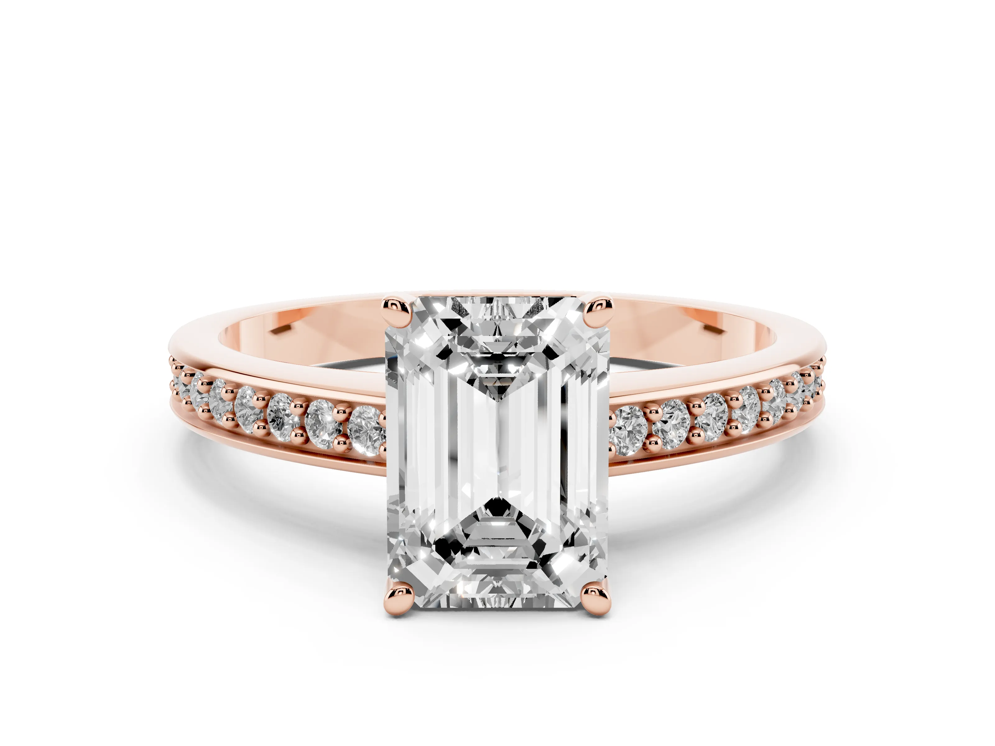 Emerald Cut Diamond Pavé Band Prong Set Solitaire Ring Set in Rose gold