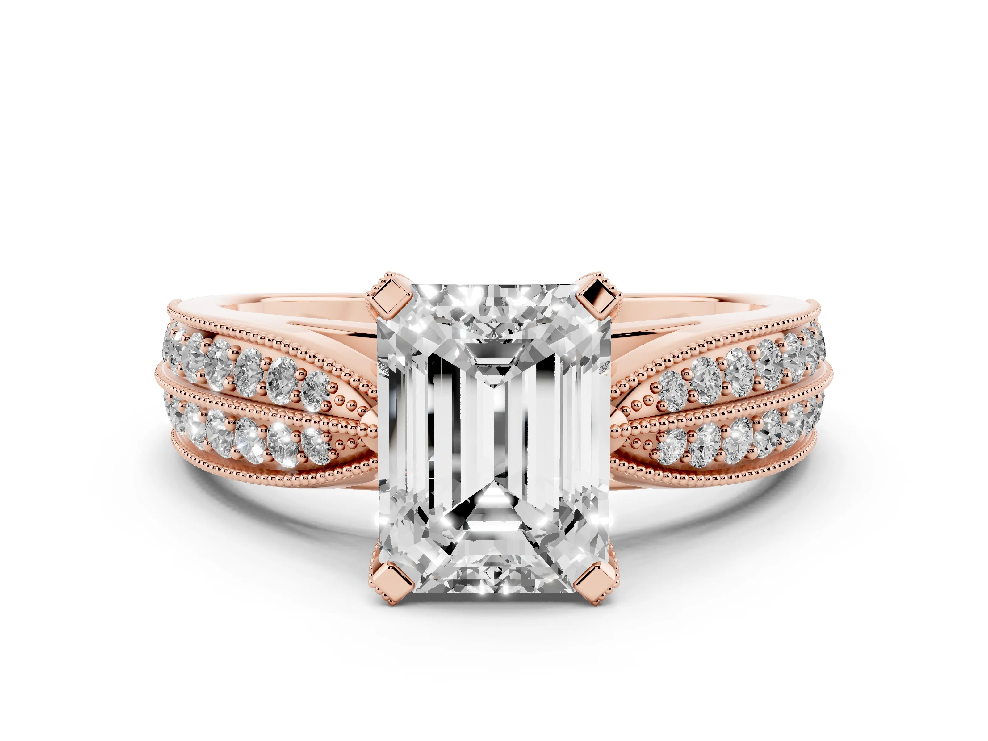 Emerald Cut Diamond Solitaire Ring Set in Rose gold with Milgrain Double Row Round Pavé Band