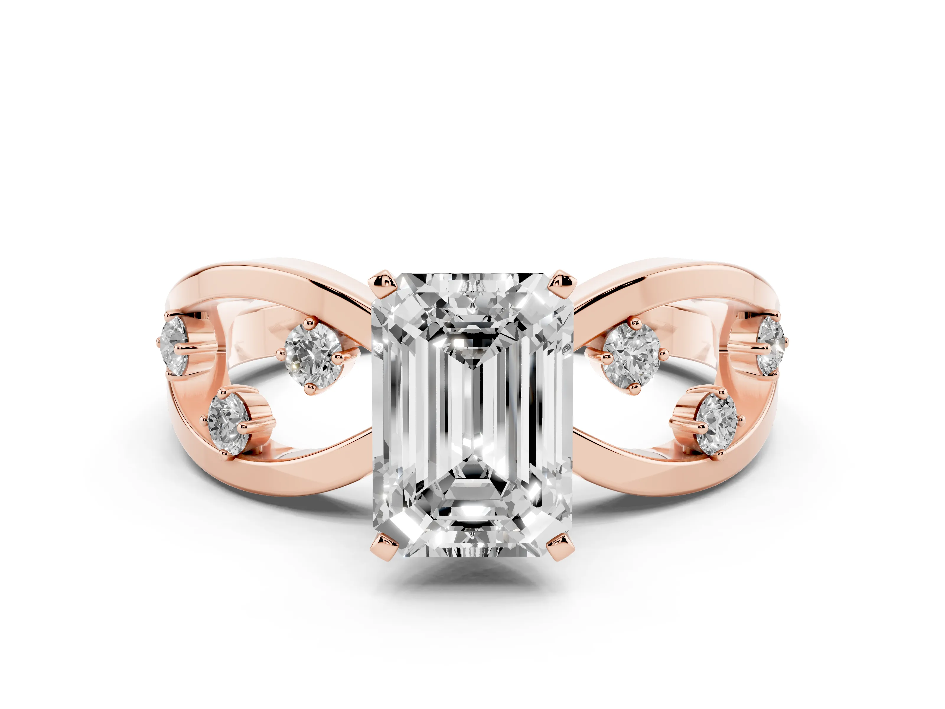 Emerald Cut Diamond Solitaire Ring Set in Rose gold with Side Stones on Criss-Cross Band and Prong Setting