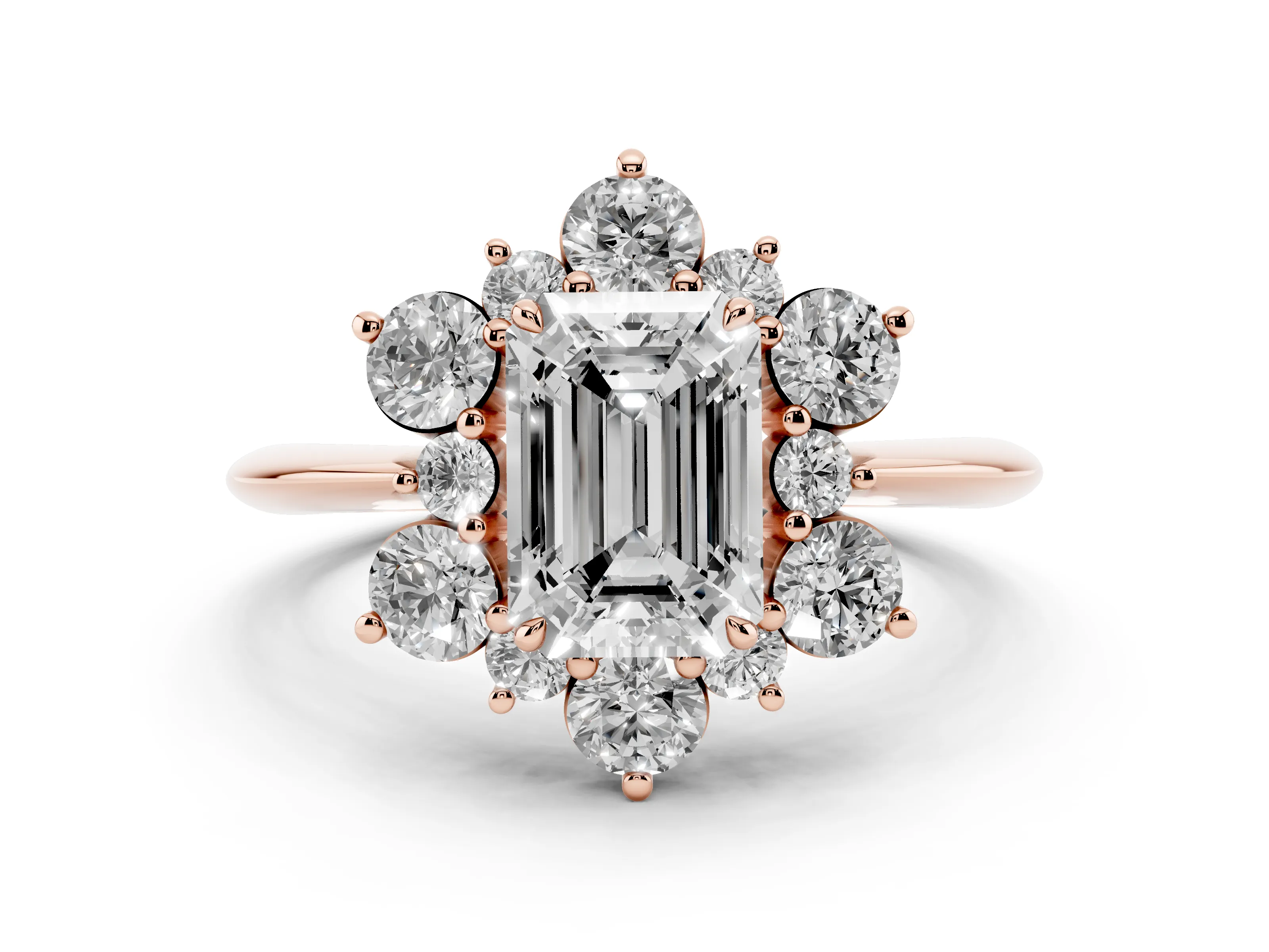 Emerald Cut Diamond Cluster Halo Ring Set in Rose gold with Solitaire Band and Prong Setting