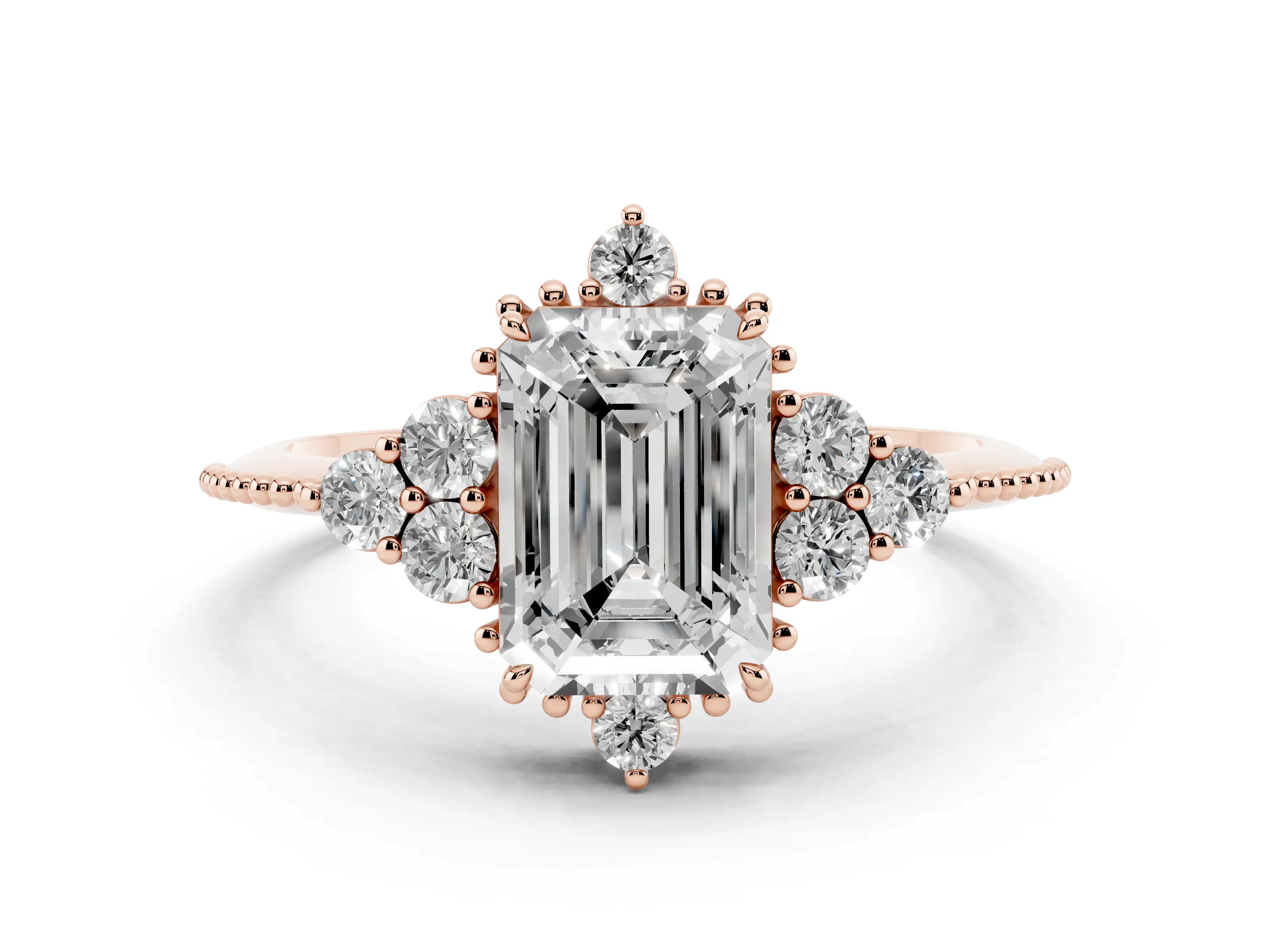 Emerald Cut Diamond Cluster Ring Set in Rose gold with Beaded Band