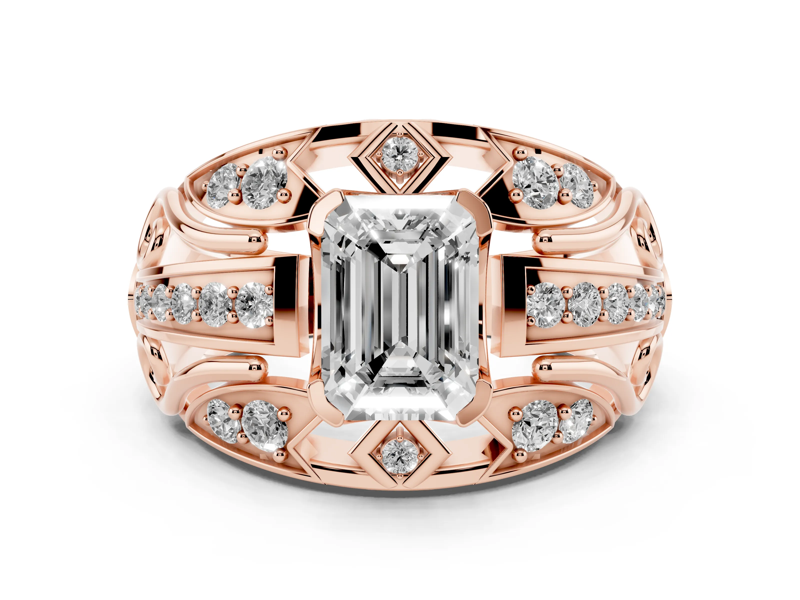Emerald Cut Diamond Art Deco Ring Set in Rose gold with Pavé Split Shank