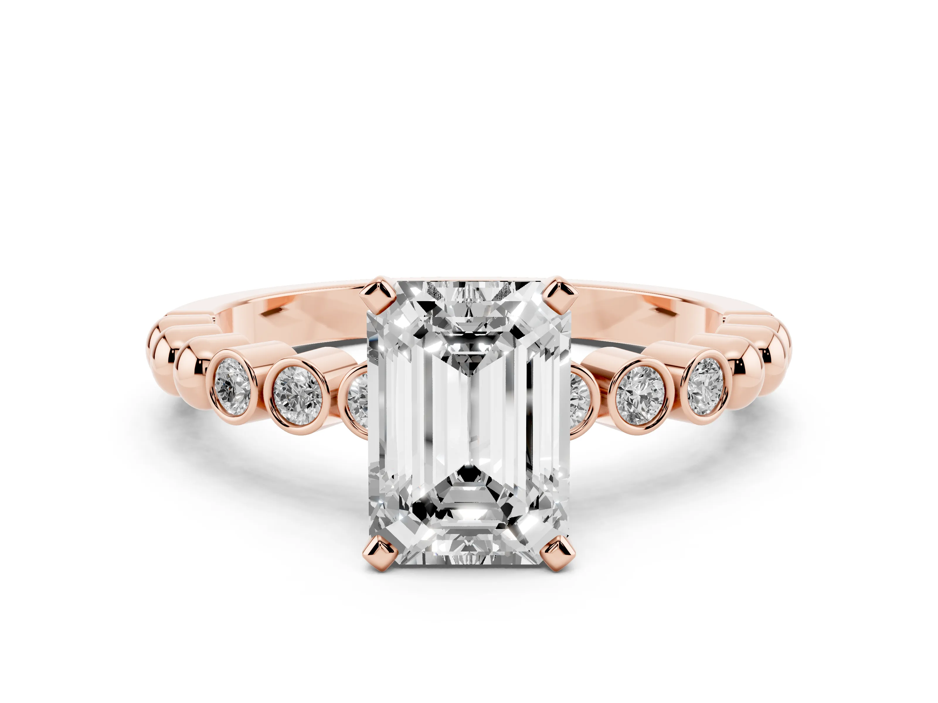 Emerald Cut Diamond Solitaire Engagement Ring Set in Rose gold with Bezel Accents on Beaded Band