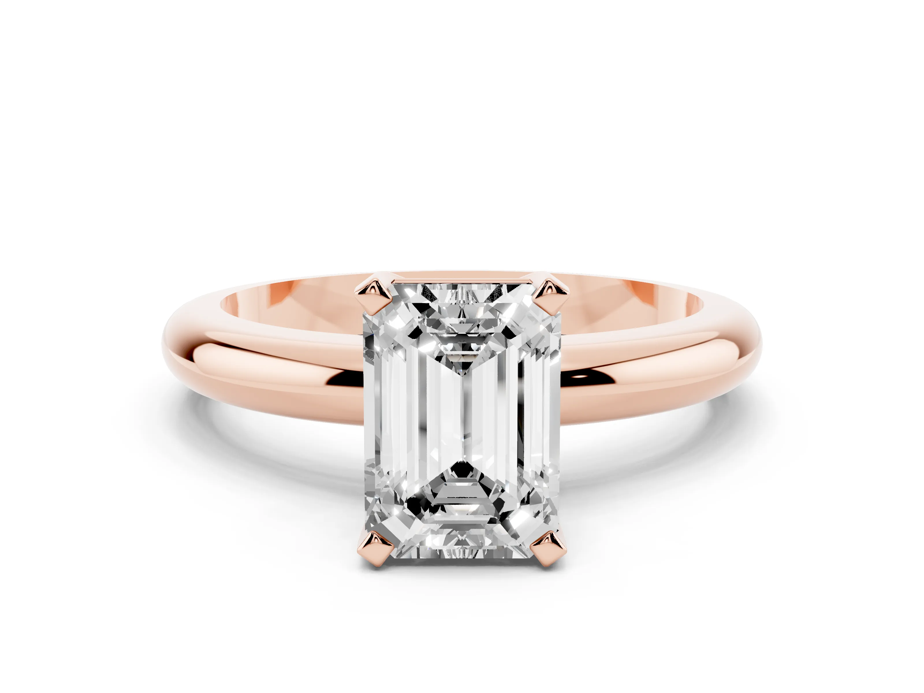Emerald Cut Diamond Solitaire Engagement Ring Set in Rose gold with Round Band and Prong Setting