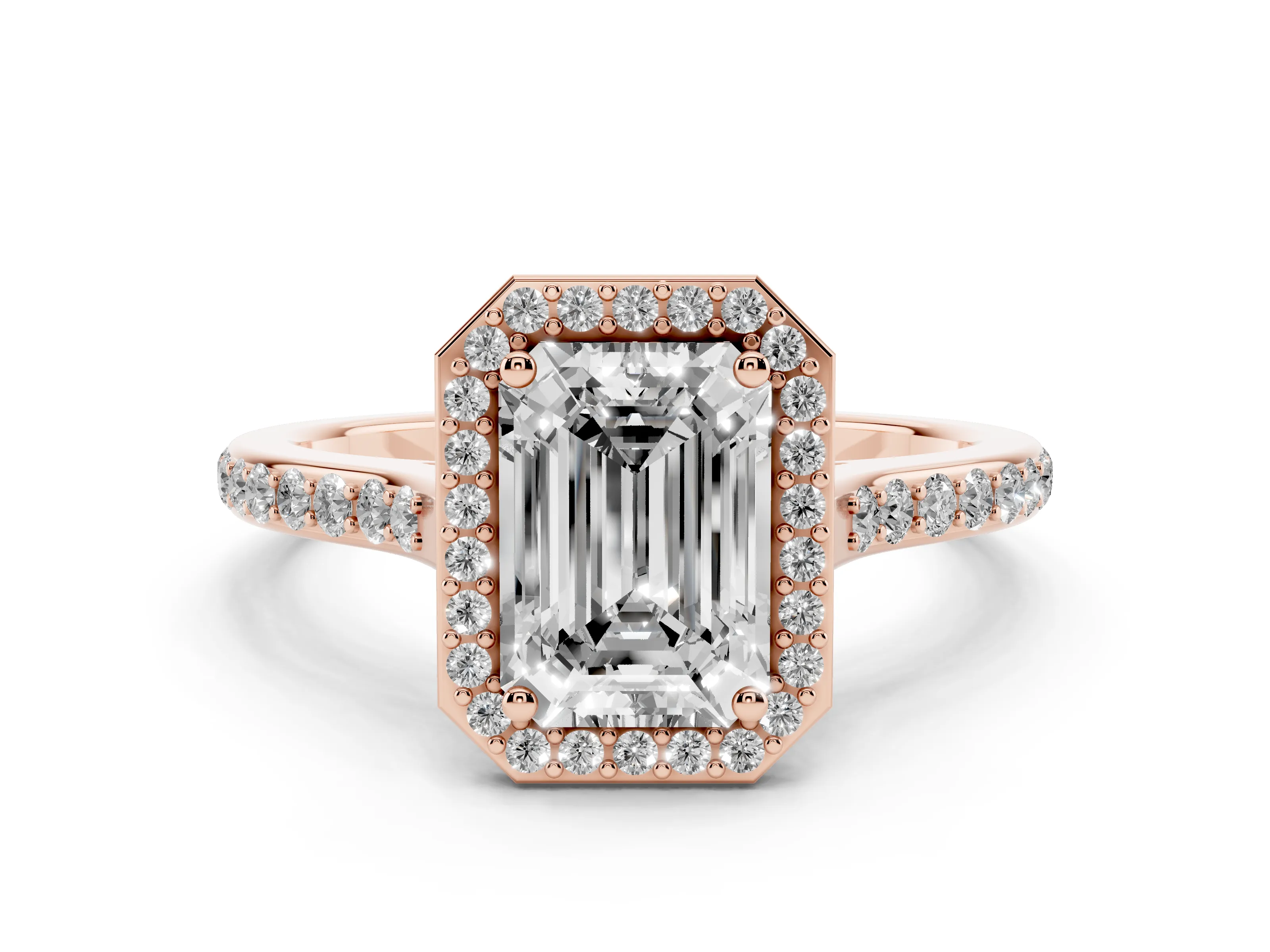 Emerald Cut Diamond Halo Engagement Ring Set in Rose gold with Round Pavé Shoulders and Heart Gallery