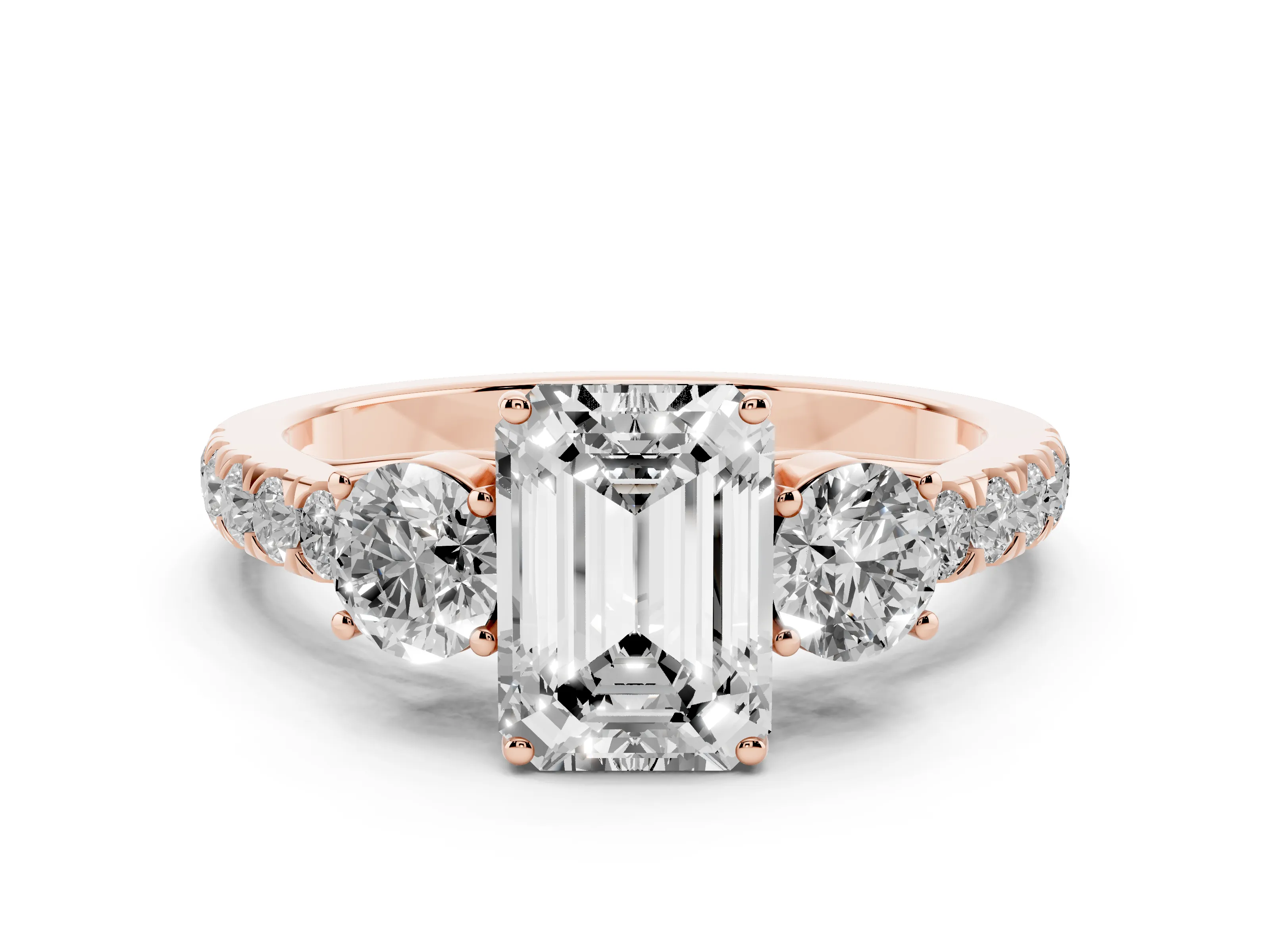 Emerald Cut Diamond Three-Stone Ring Set in Rose gold with Round Side Stones and Delicate Pavé Band