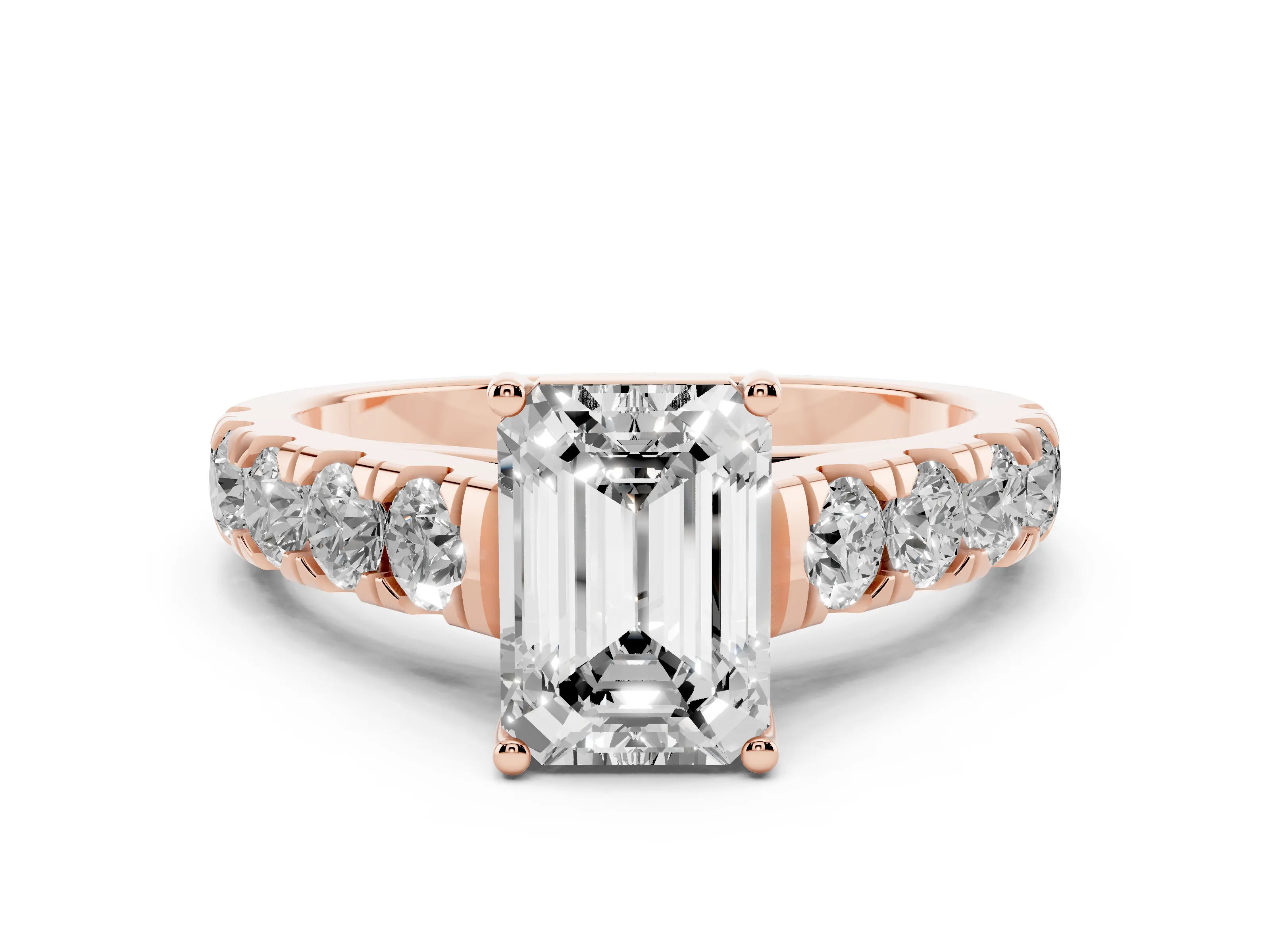 Emerald Cut Diamond Solitaire Ring Set in Rose gold with Cut-Down Micro Pavé Band and Prong Setting